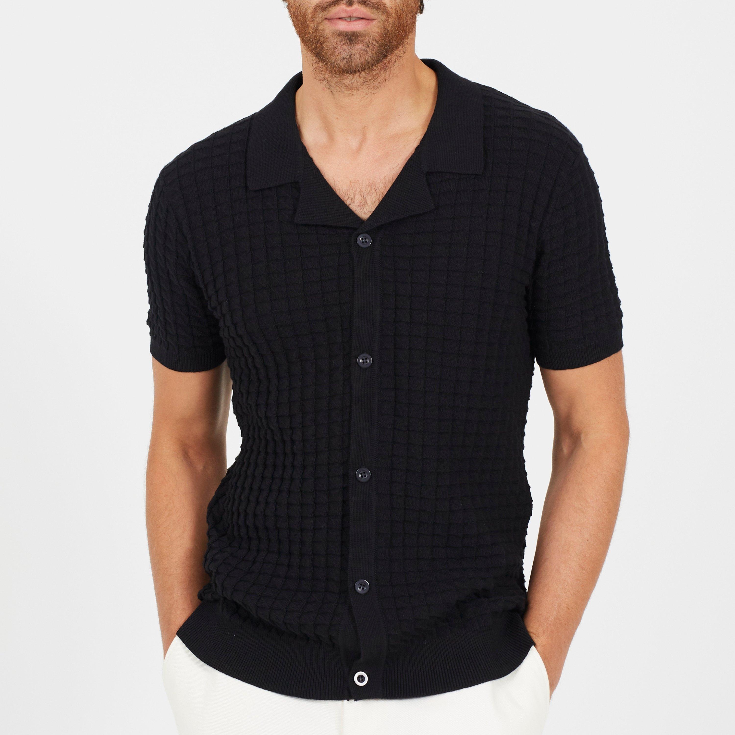 Brave Soul Men's Bs Short Sleeve Revere Collar Jacquard Knit Shirt - Jet Black - X Large