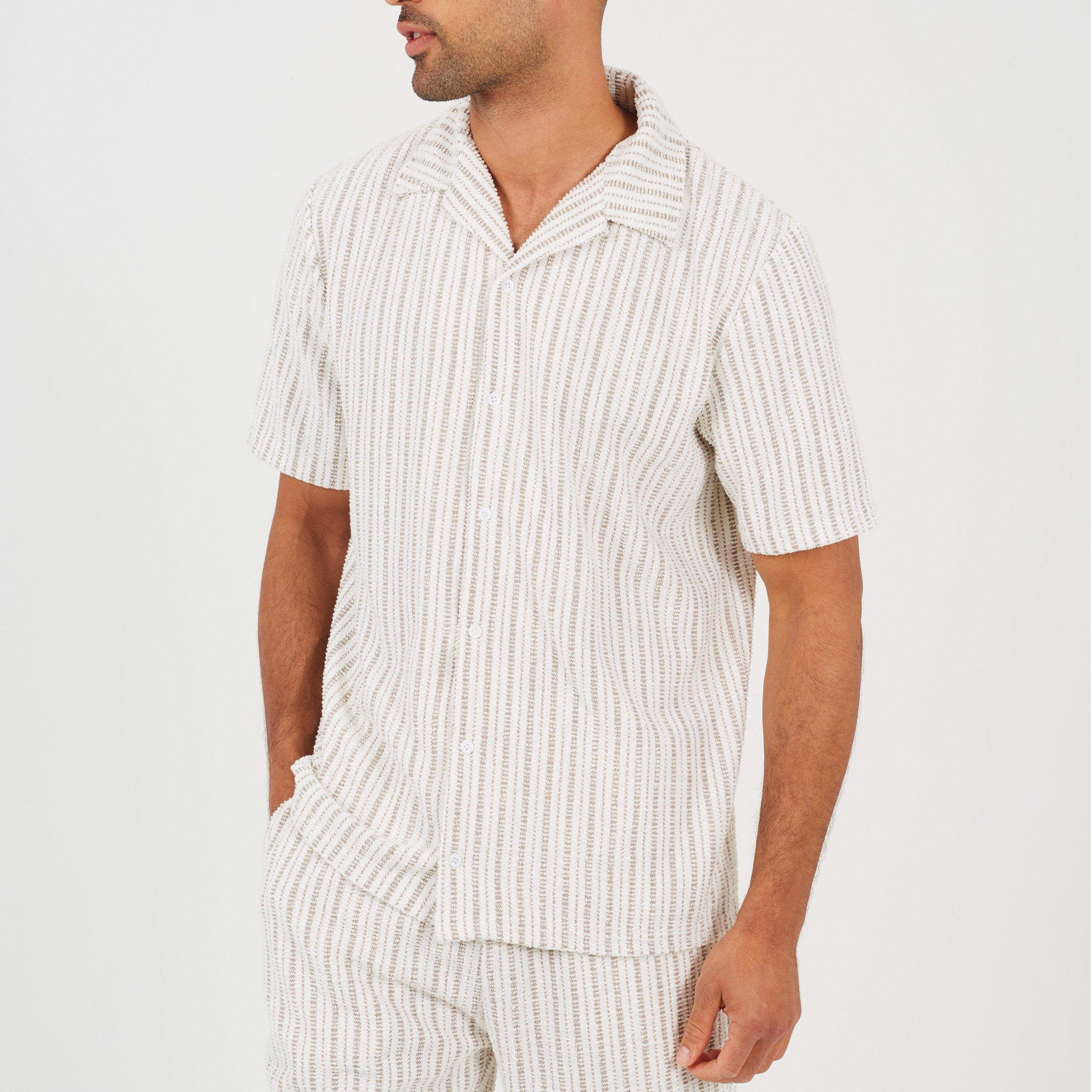 Brave Soul Men's Bs Striped Short Sleeve Shirt With Revere Collar - Cream/Taupe - 2X Large