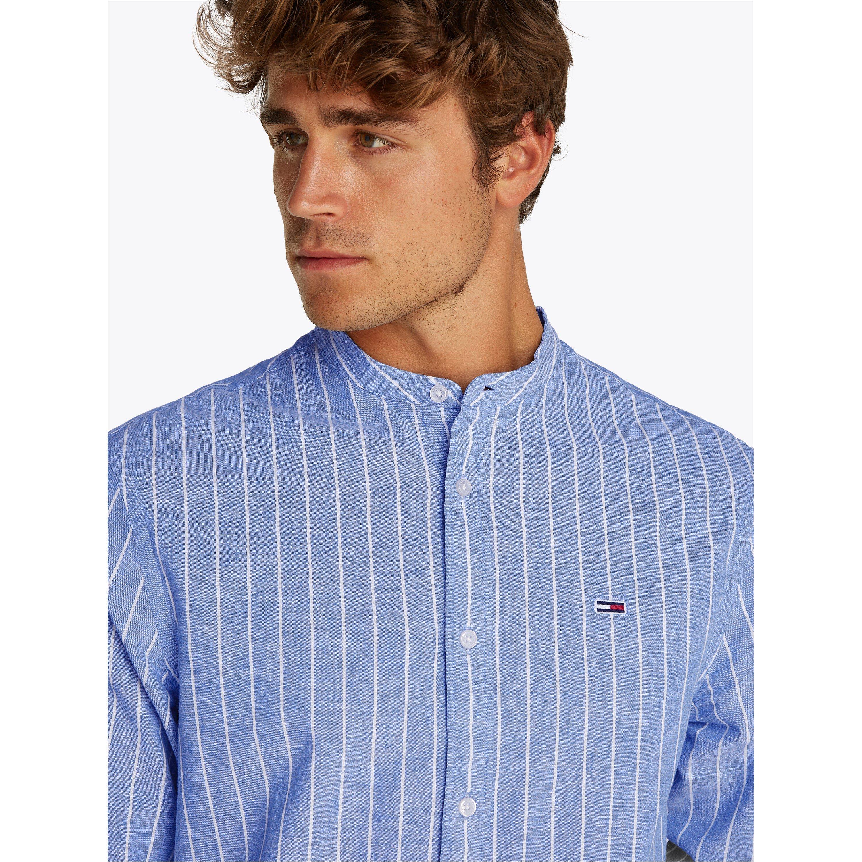 Tempo Blu/Ecru - Tommy Jeans - Men's TJ Linen Long-Sleeve Patterned Shirt - 5