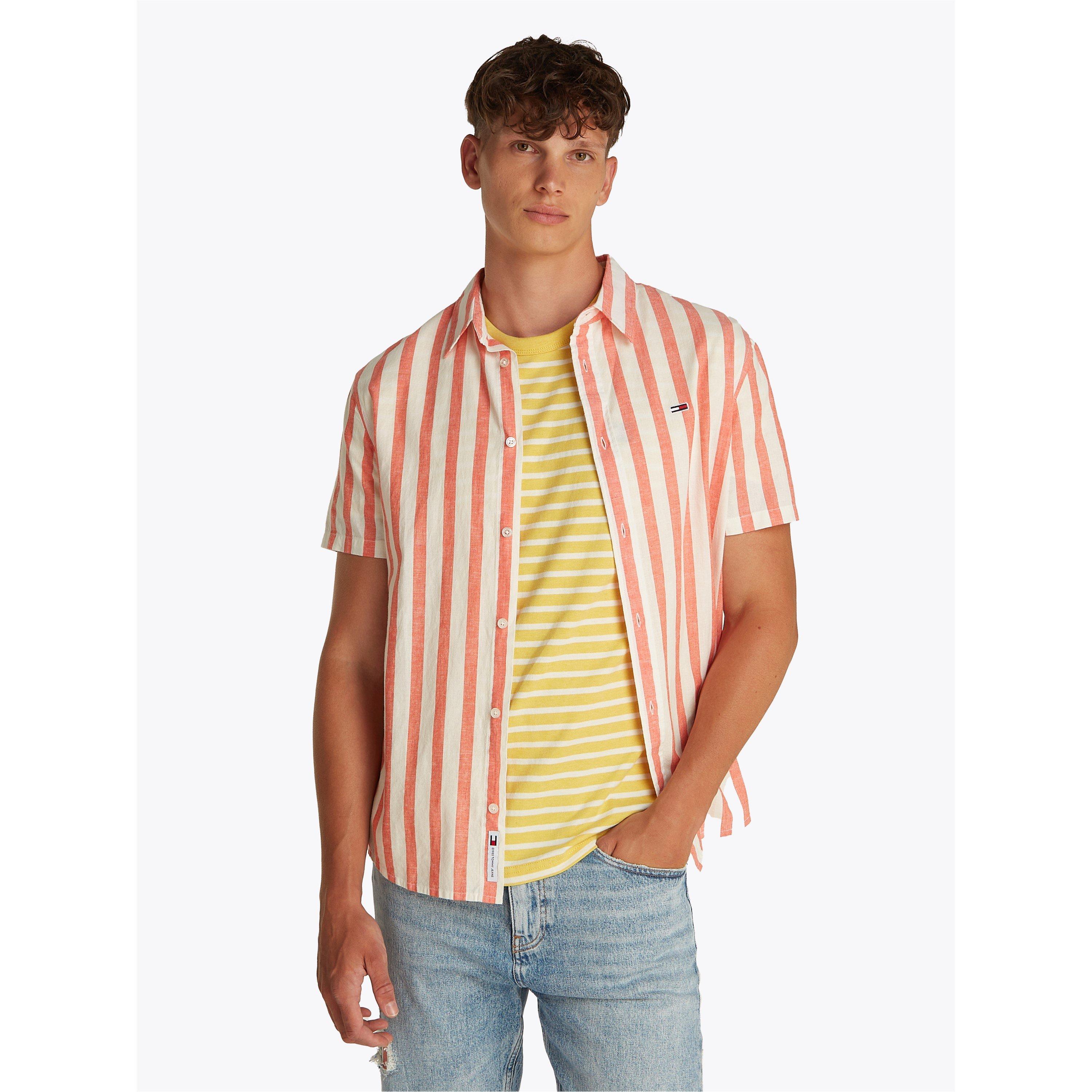 Ecru/Vermillion - Tommy Jeans - Men's Long-Sleeve Linen Patterned Shirt - 2