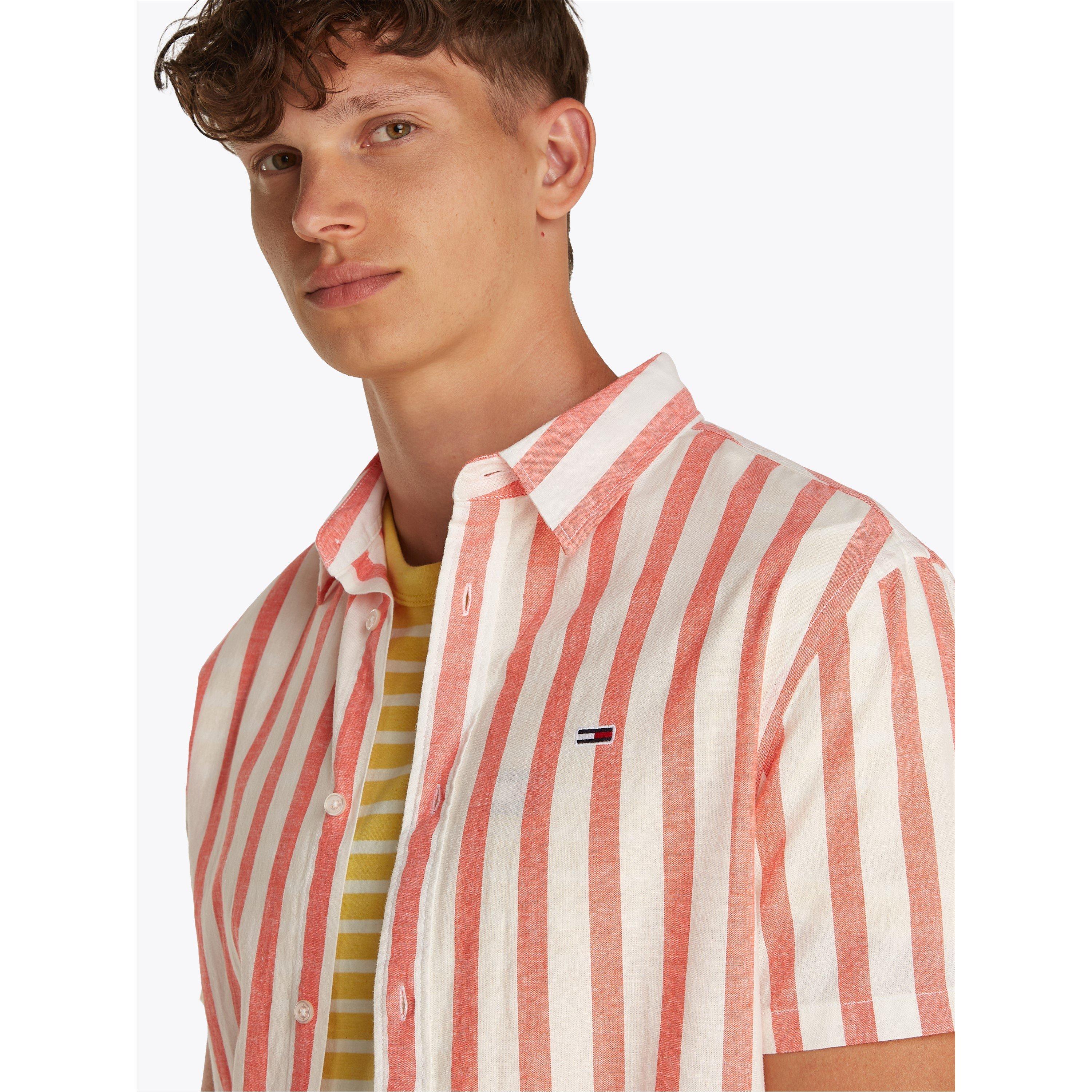 Ecru/Vermillion - Tommy Jeans - Men's Long-Sleeve Linen Patterned Shirt - 5