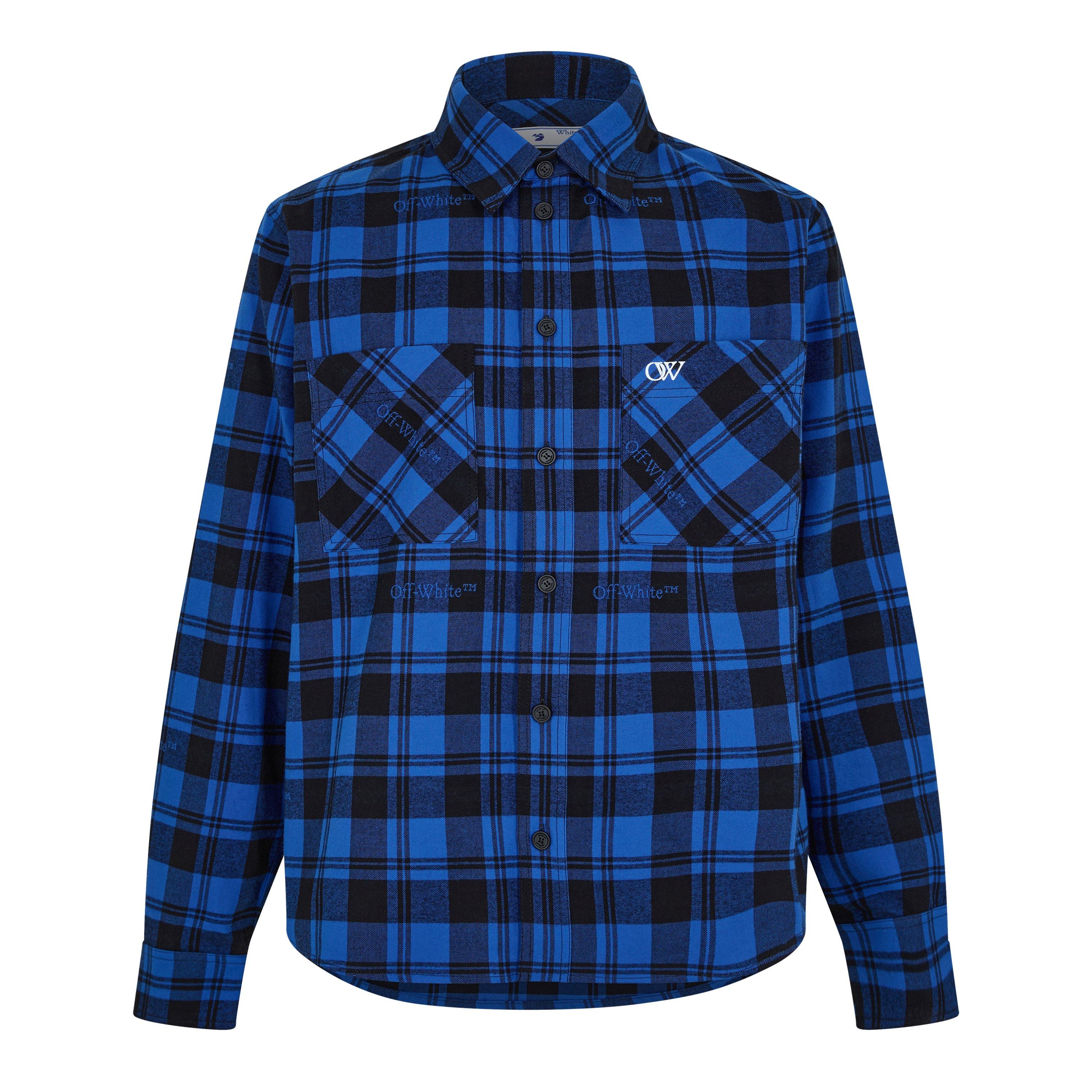 Blue/Black - Off White - Men's Arrow Plaid Cotton Long Sleeve Embroidered Shirt - 1