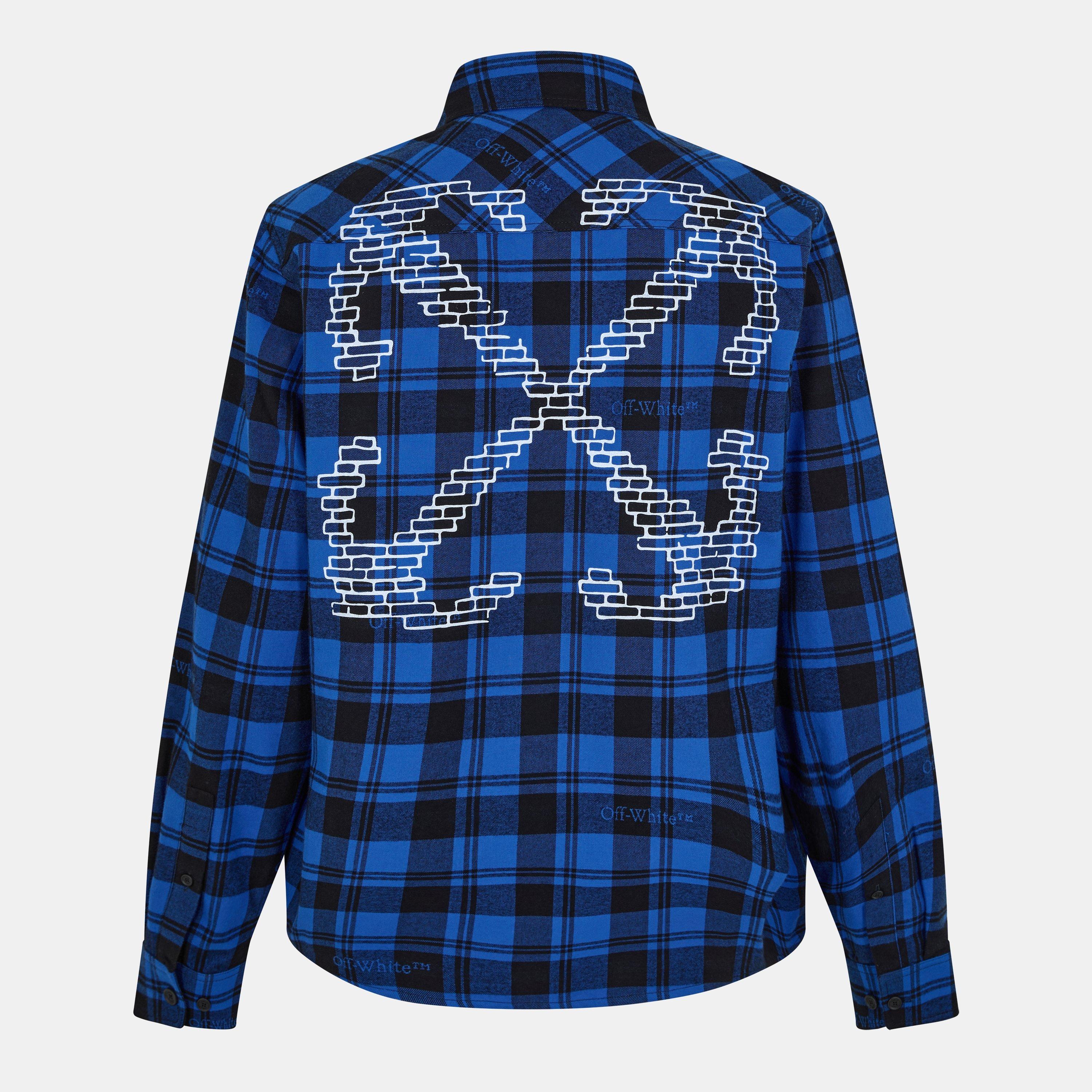 Blue/Black - Off White - Men's Arrows Plaid Shirt, Embroidered Monogram - 2