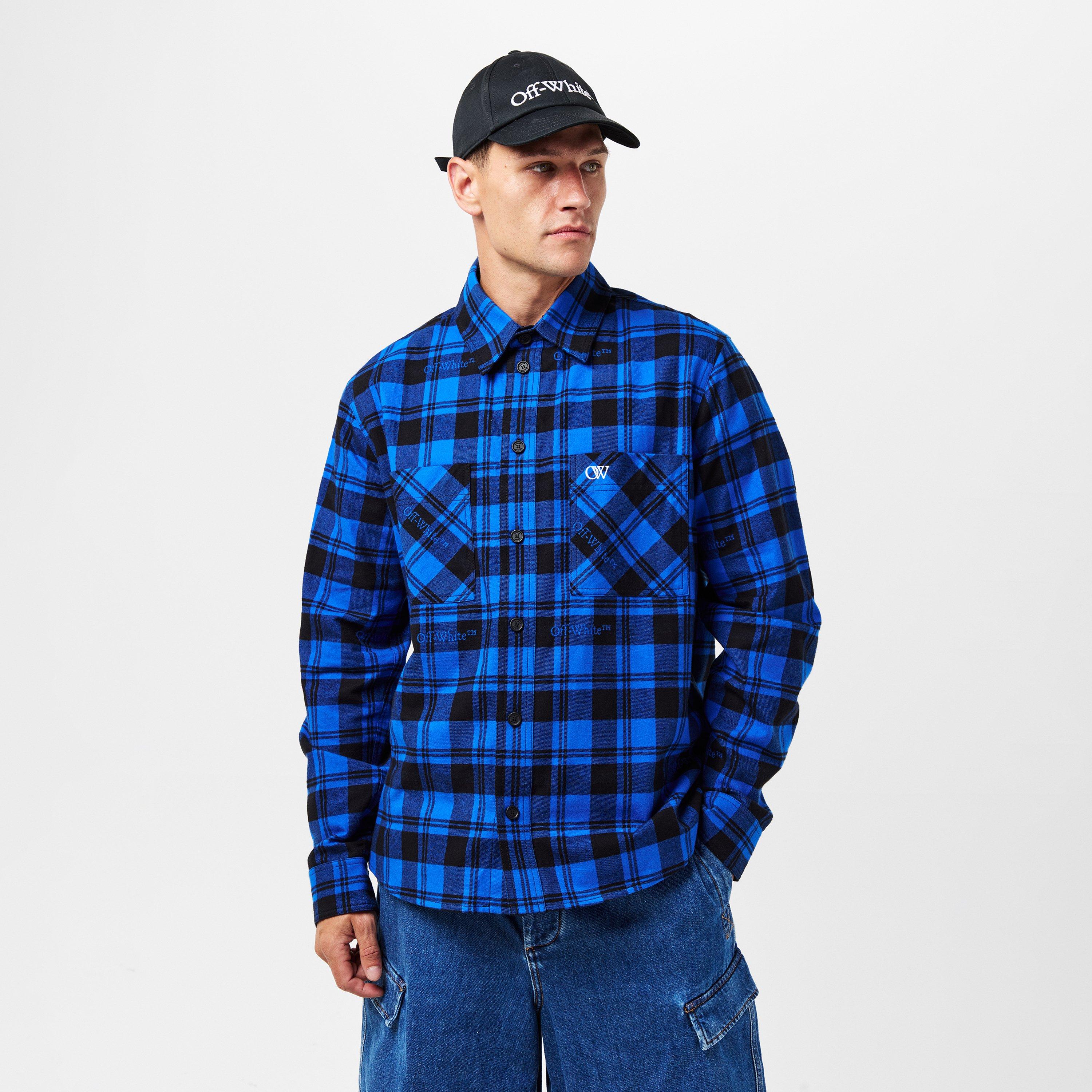 Blue/Black - Off White - Men's Arrows Plaid Shirt, Embroidered Monogram - 3