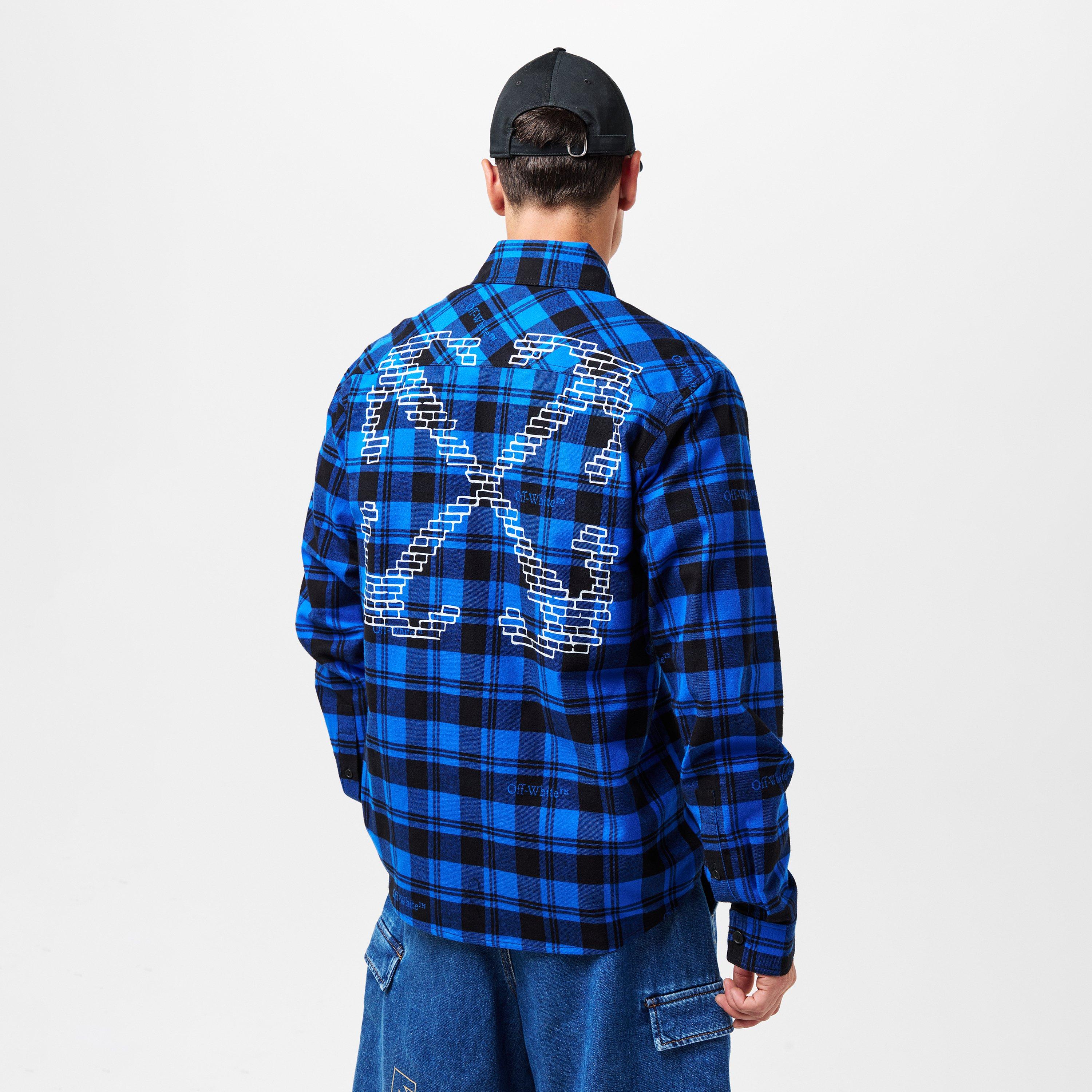 Blue/Black - Off White - Men's Arrows Plaid Shirt, Embroidered Monogram - 4