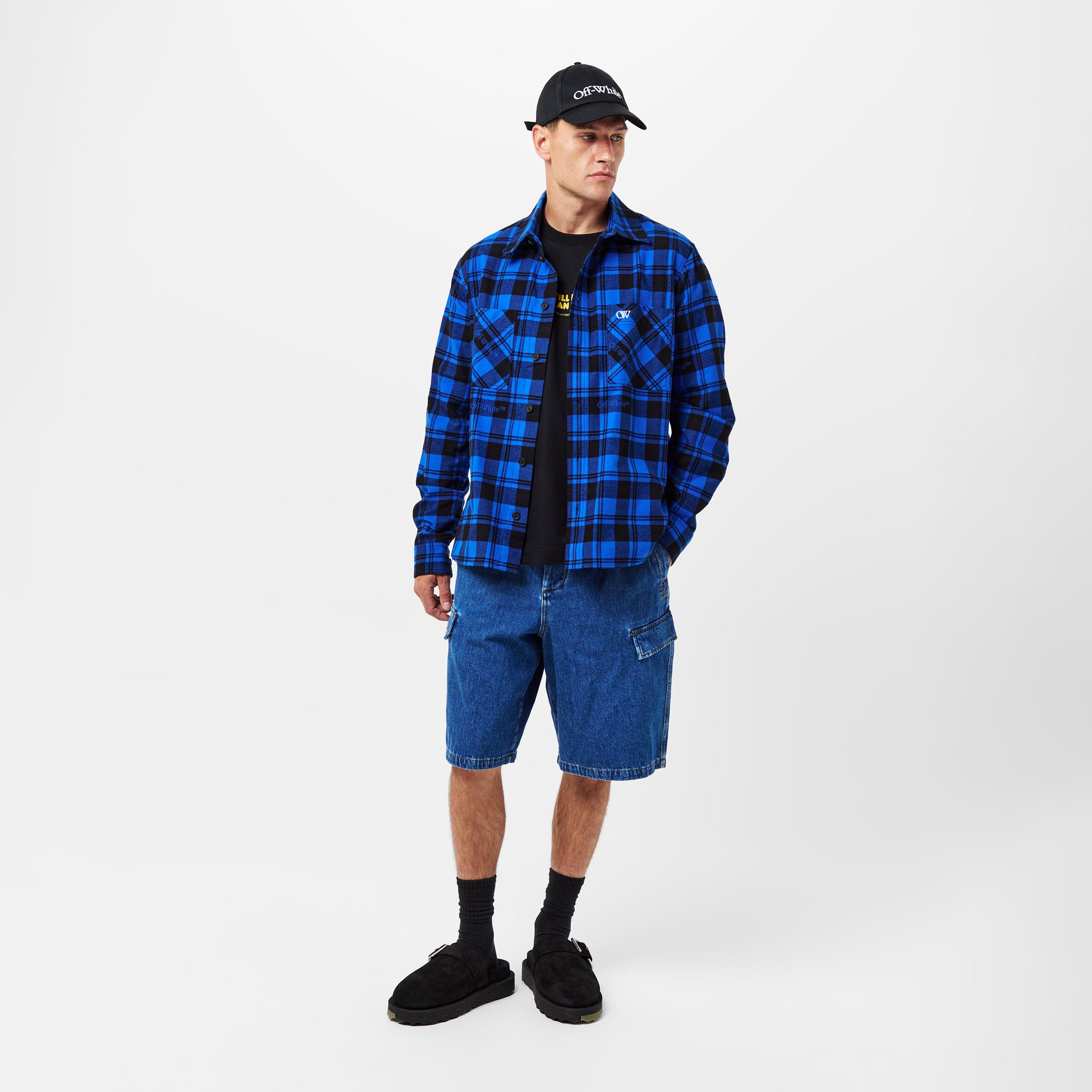 Blue/Black - Off White - Men's Arrows Plaid Shirt, Embroidered Monogram - 6