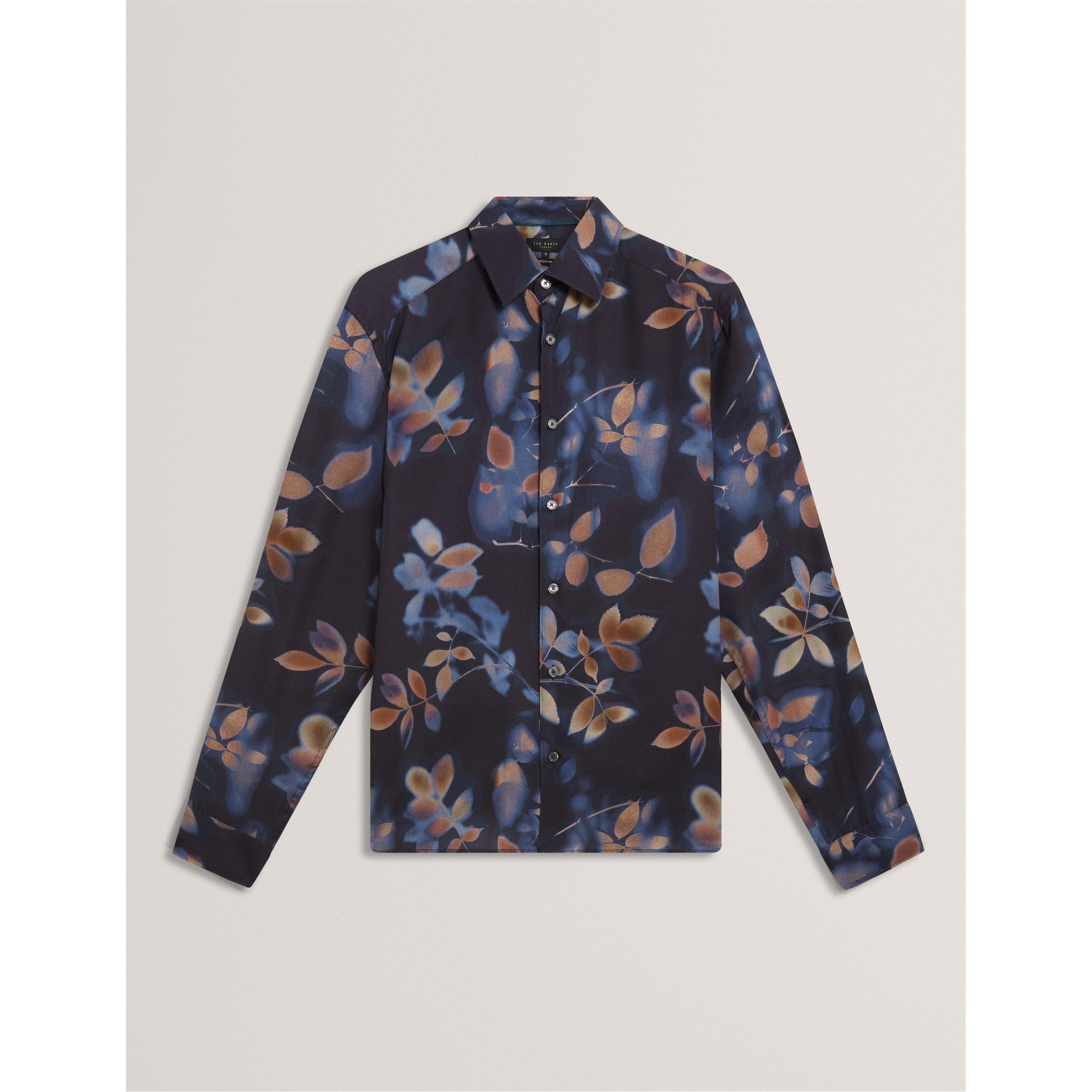 Navy - Ted Baker - Men's Leaf Print Long-Sleeve Patterned Shirt - 1