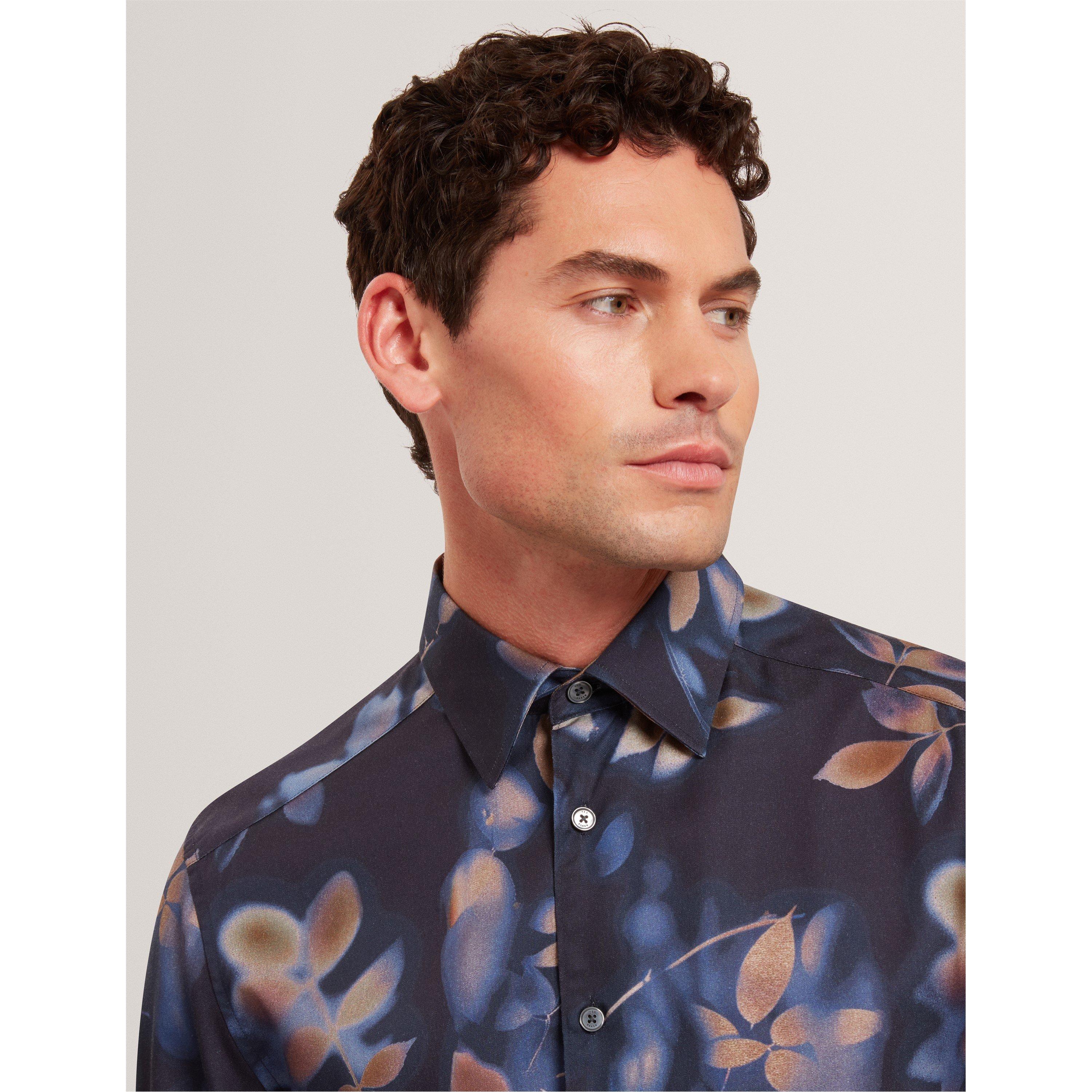 Azul marino - Ted Baker - Men's Leaf Print Long-Sleeve Patterned Shirt - 4
