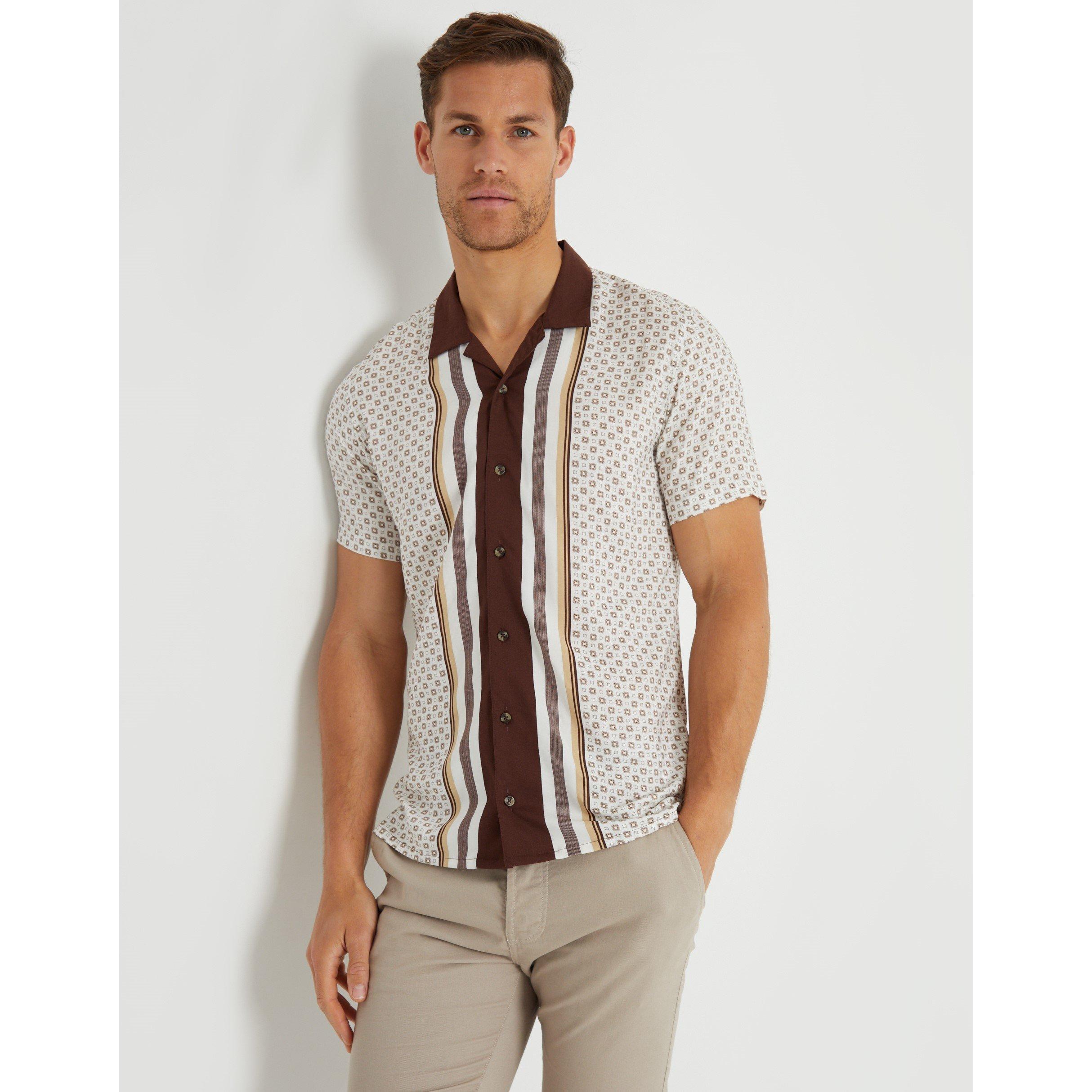 Threadbare Men's Short-Sleeve Patterned Shirt - Cream - Medium