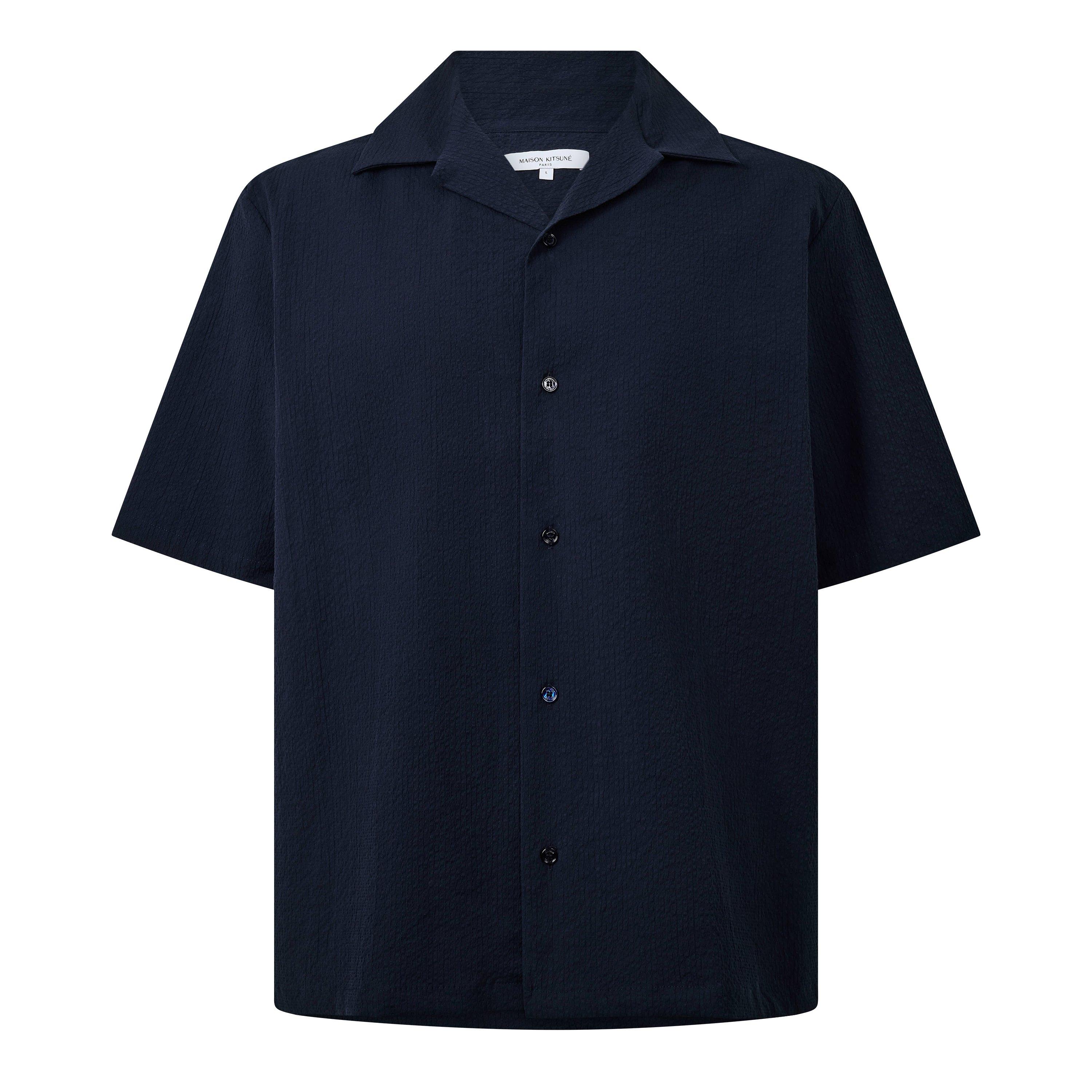 Classic Navy - Maison Kitsune - Men's Seersucker Resort Long Sleeve Patterned Shirt - 1