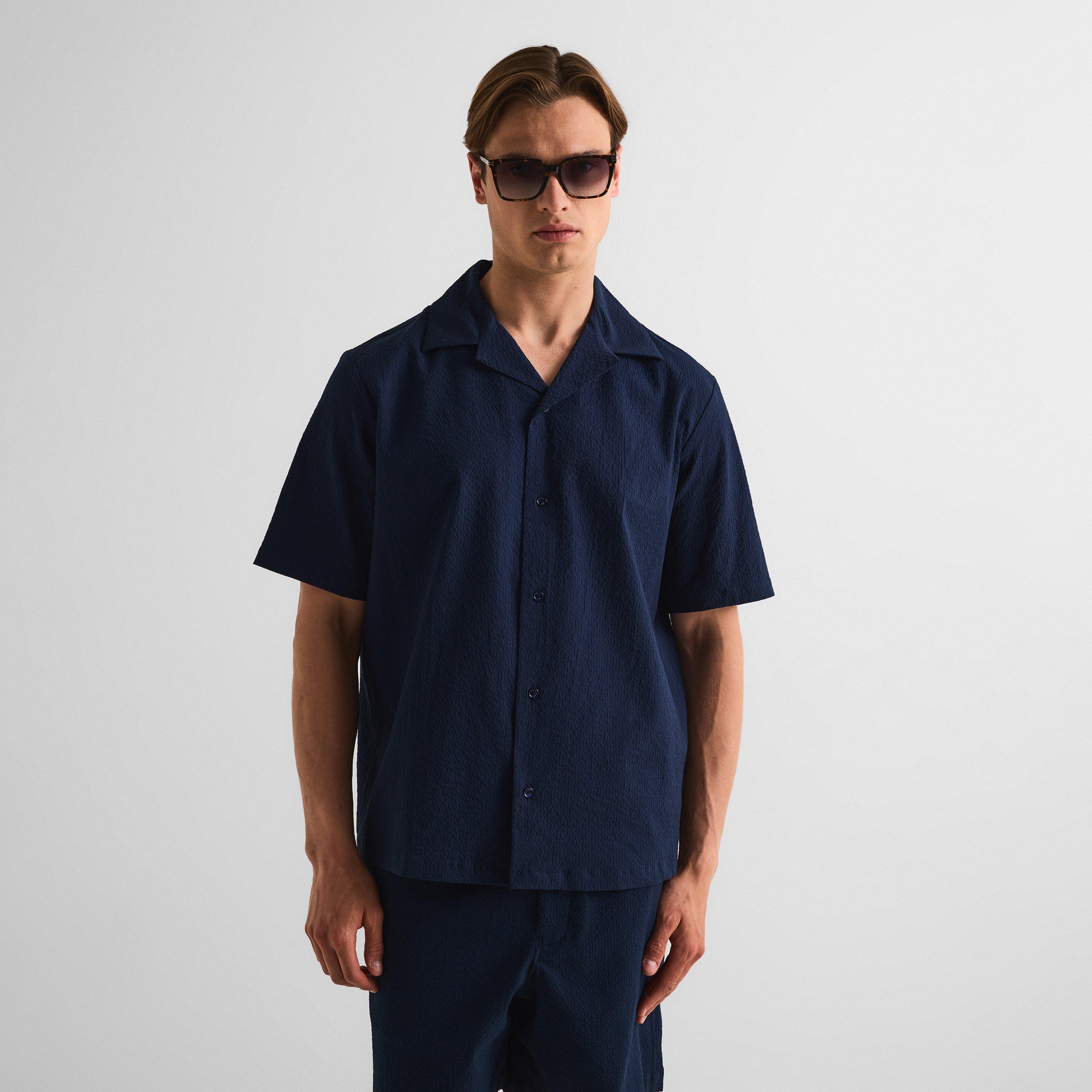 Classic Navy - Maison Kitsune - Men's Seersucker Resort Long Sleeve Patterned Shirt - 3