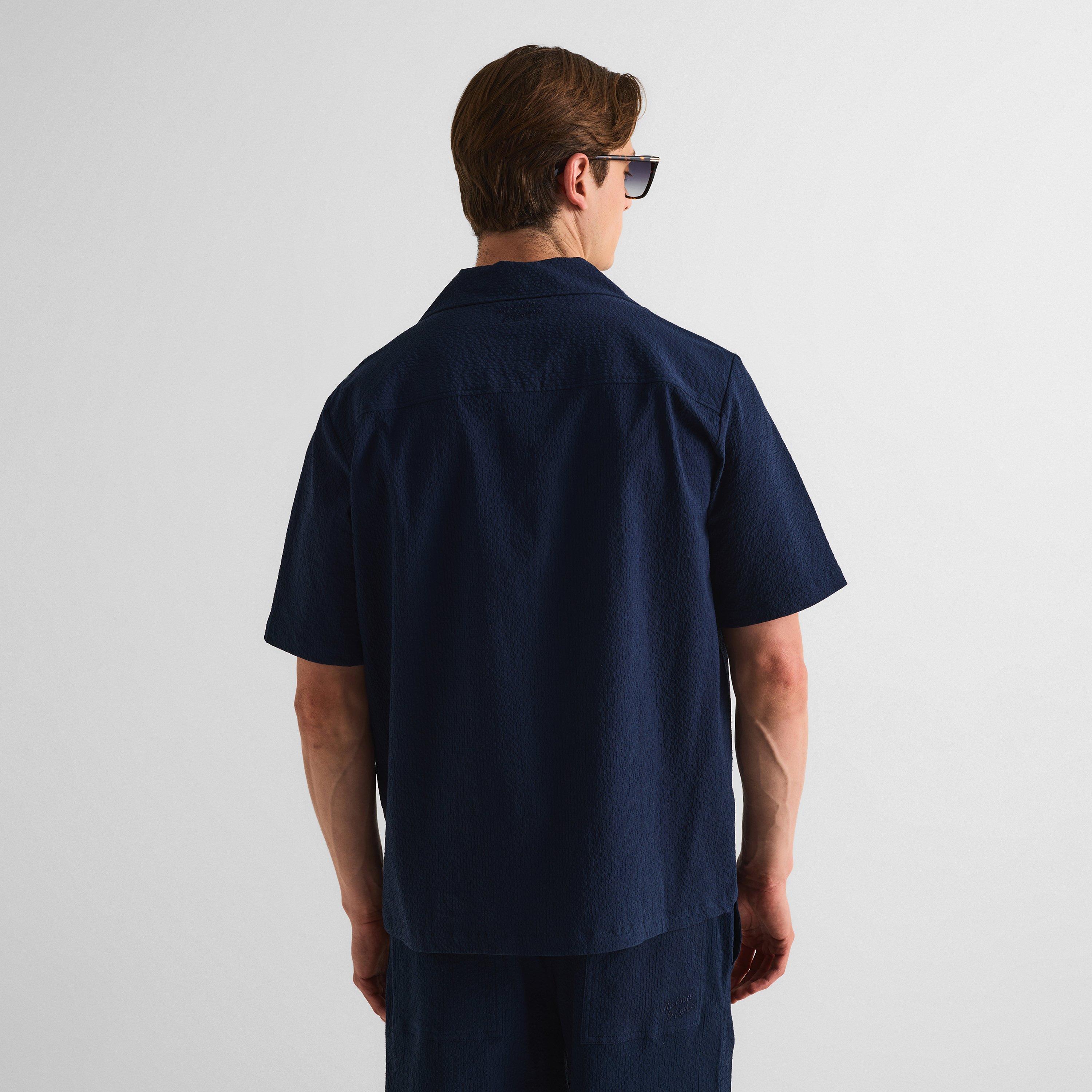Classic Navy - Maison Kitsune - Men's Seersucker Resort Long Sleeve Patterned Shirt - 4