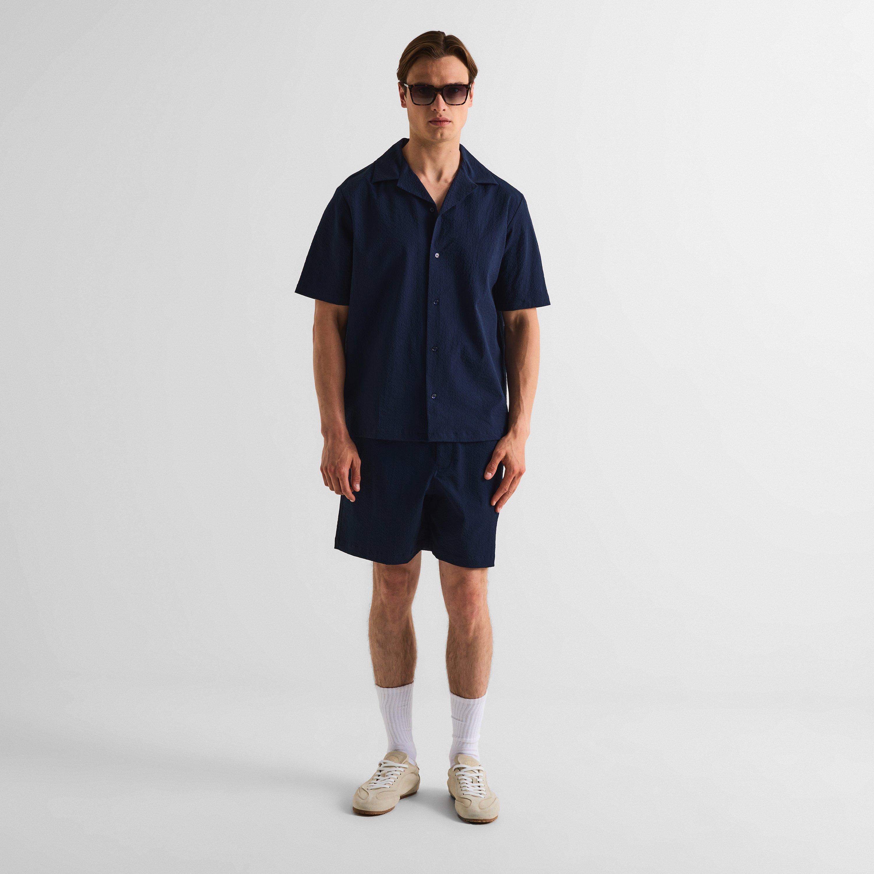 Classic Navy - Maison Kitsune - Men's Seersucker Resort Long Sleeve Patterned Shirt - 5