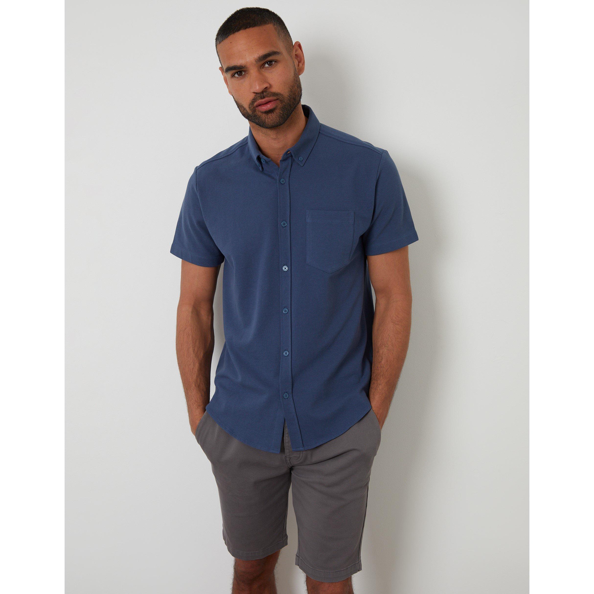 Threadbare Men's Majestic Short-Sleeve Plain Shirt - Denim - Large