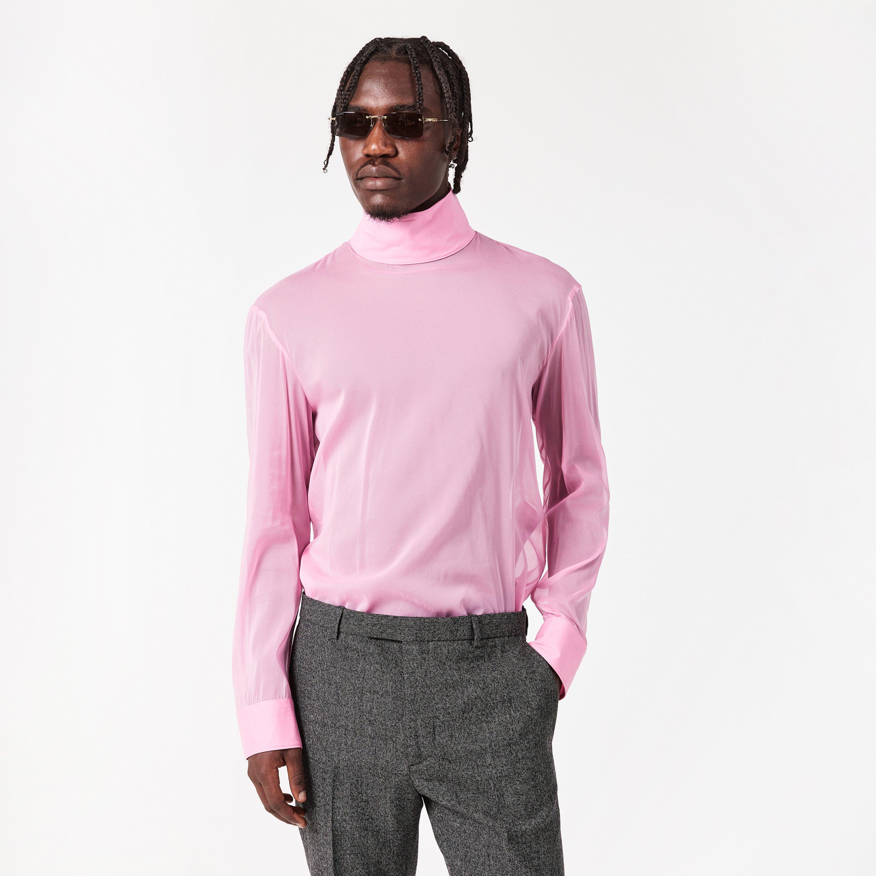 Pink - Gucci - Men's Silk Short-Sleeve Plain Shirt - 3