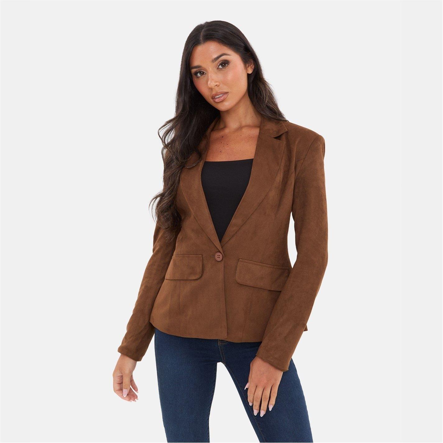 Tan - I Saw It First - Women's Cinched Waist Suede Long Sleeve Blazer - 1