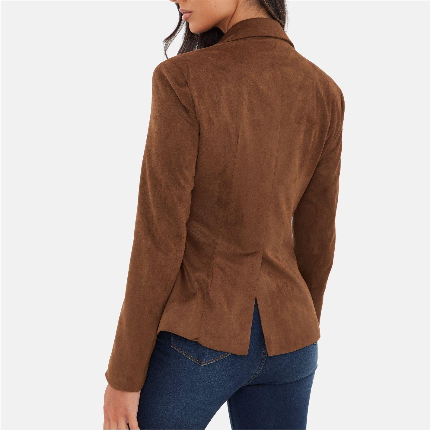 Tan - I Saw It First - Women's Cinched Waist Suede Long Sleeve Blazer - 2