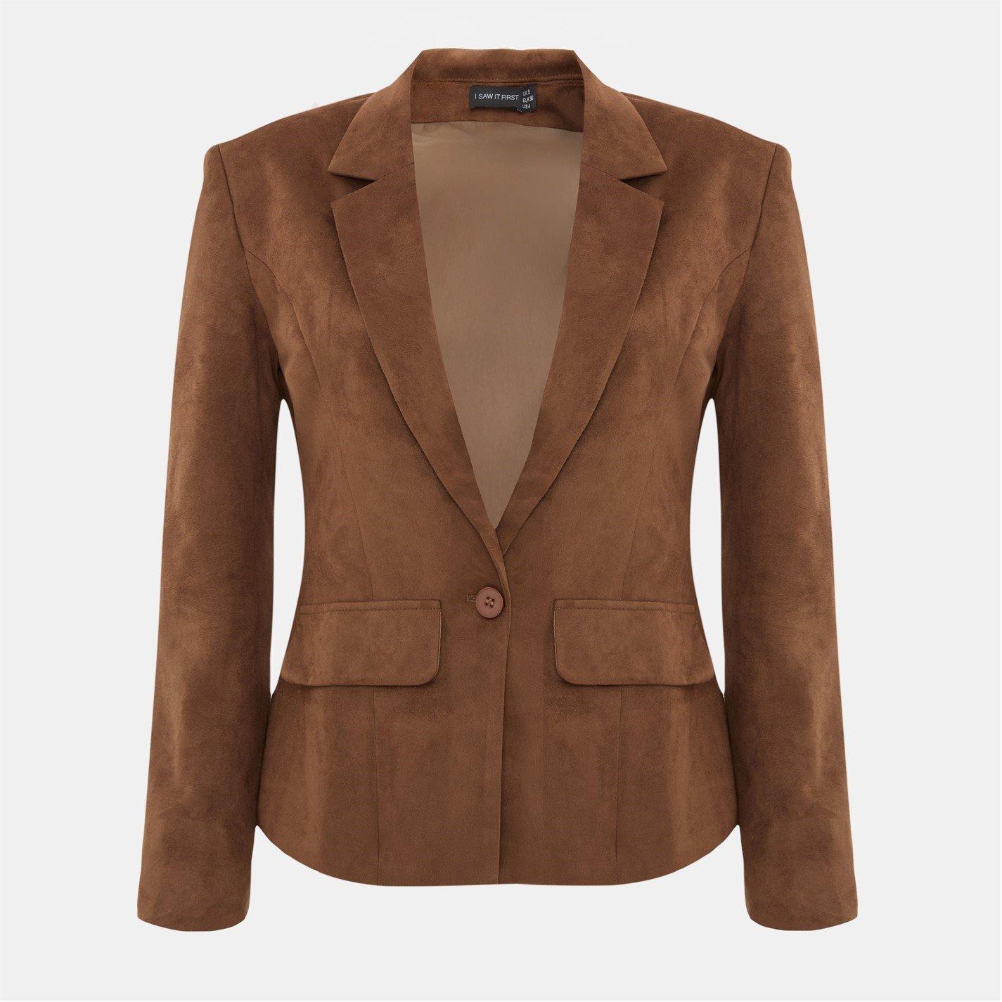 Tan - I Saw It First - Women's Cinched Waist Suede Long Sleeve Blazer - 3