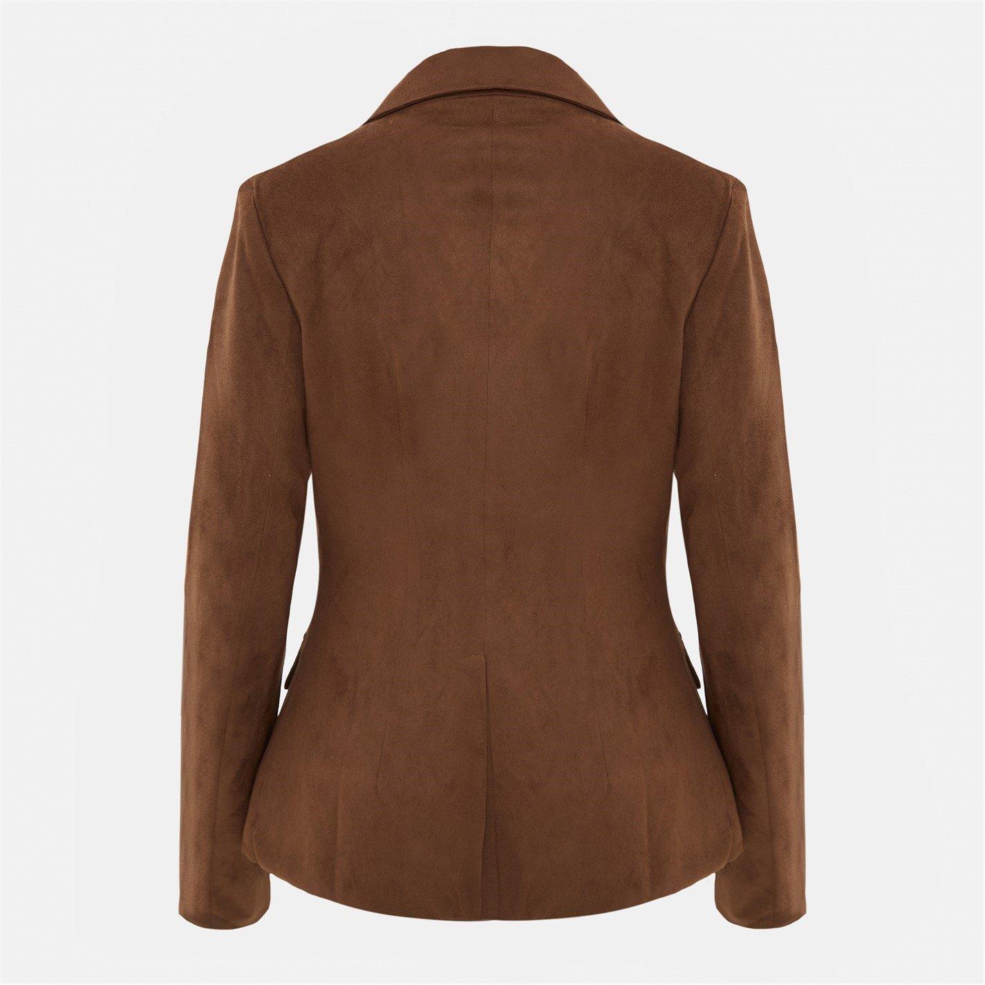 Tan - I Saw It First - Women's Cinched Waist Suede Long Sleeve Blazer - 4