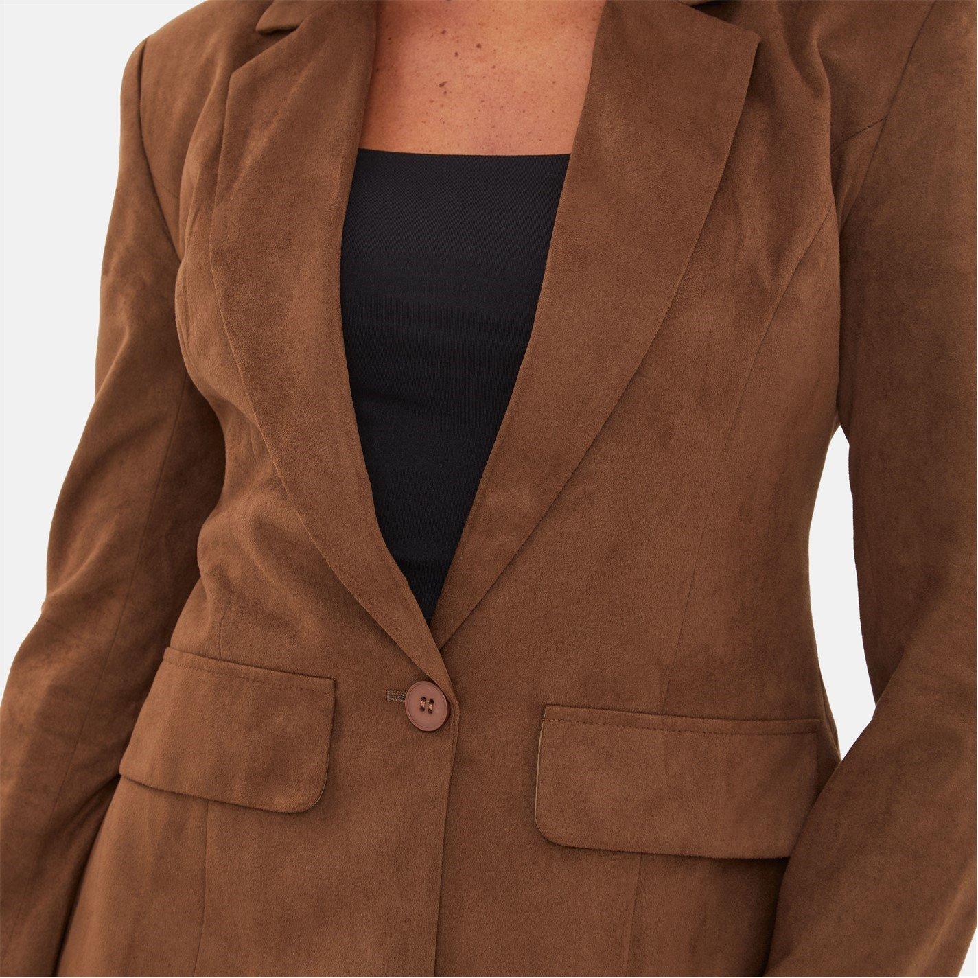 Tan - I Saw It First - Women's Cinched Waist Suede Long Sleeve Blazer - 5