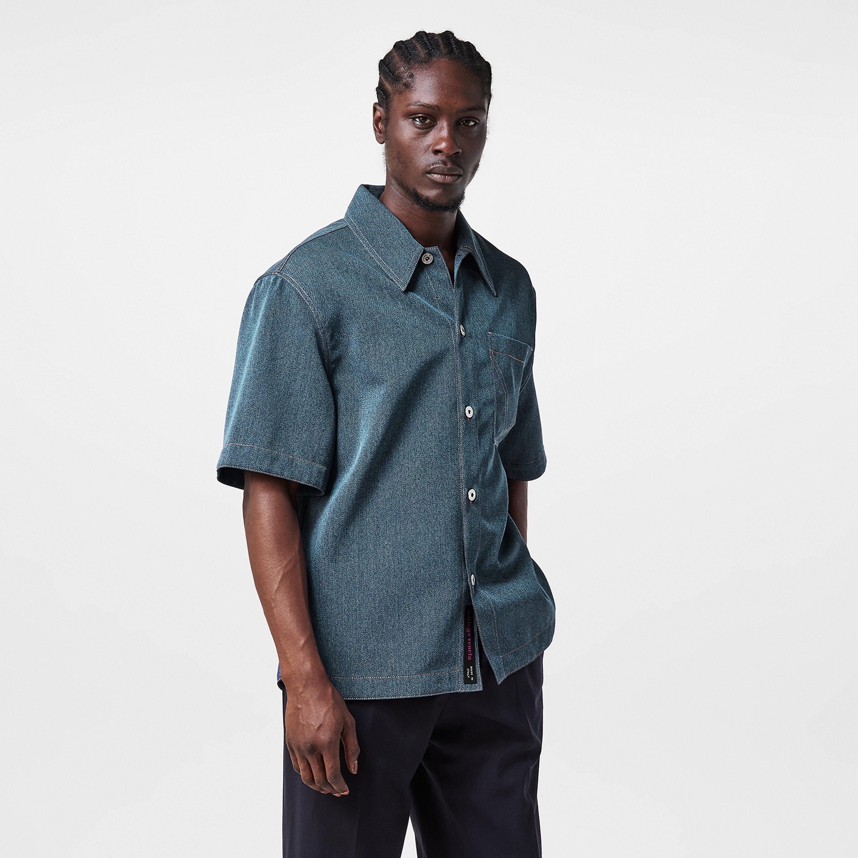 Blue - Bottega Veneta - Men's Short-Sleeve Plain Shirt - 3