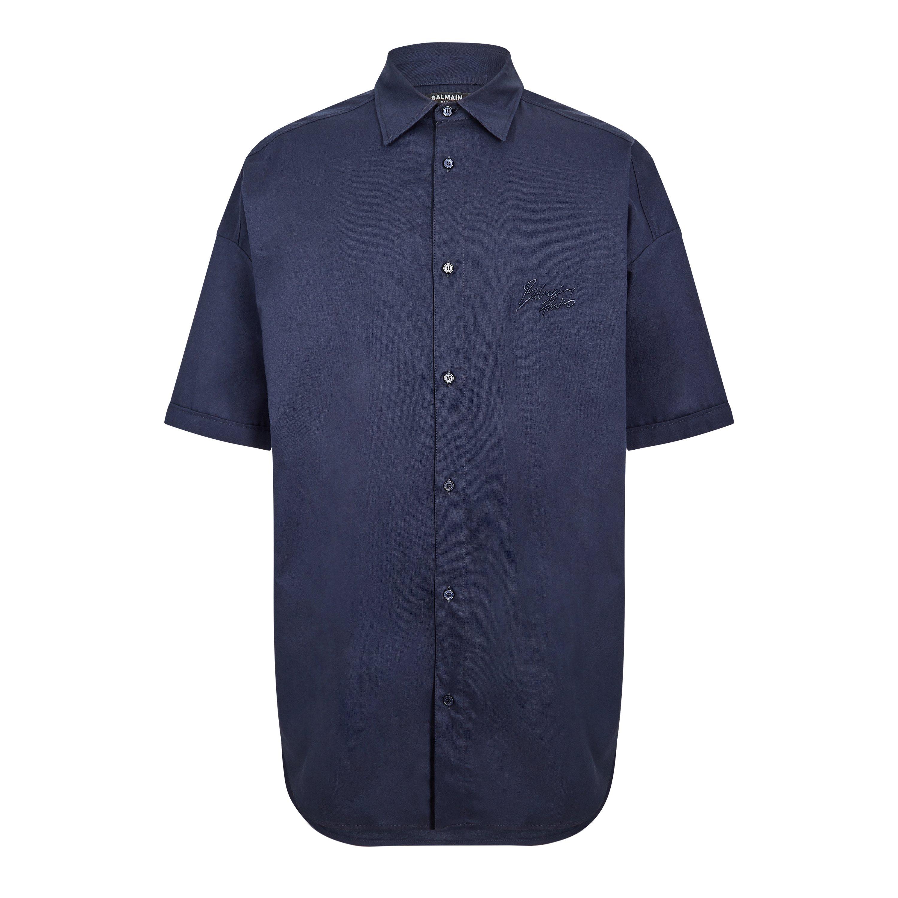 Balmain Men's Short Sleeve Plain Shirt - Marine - M