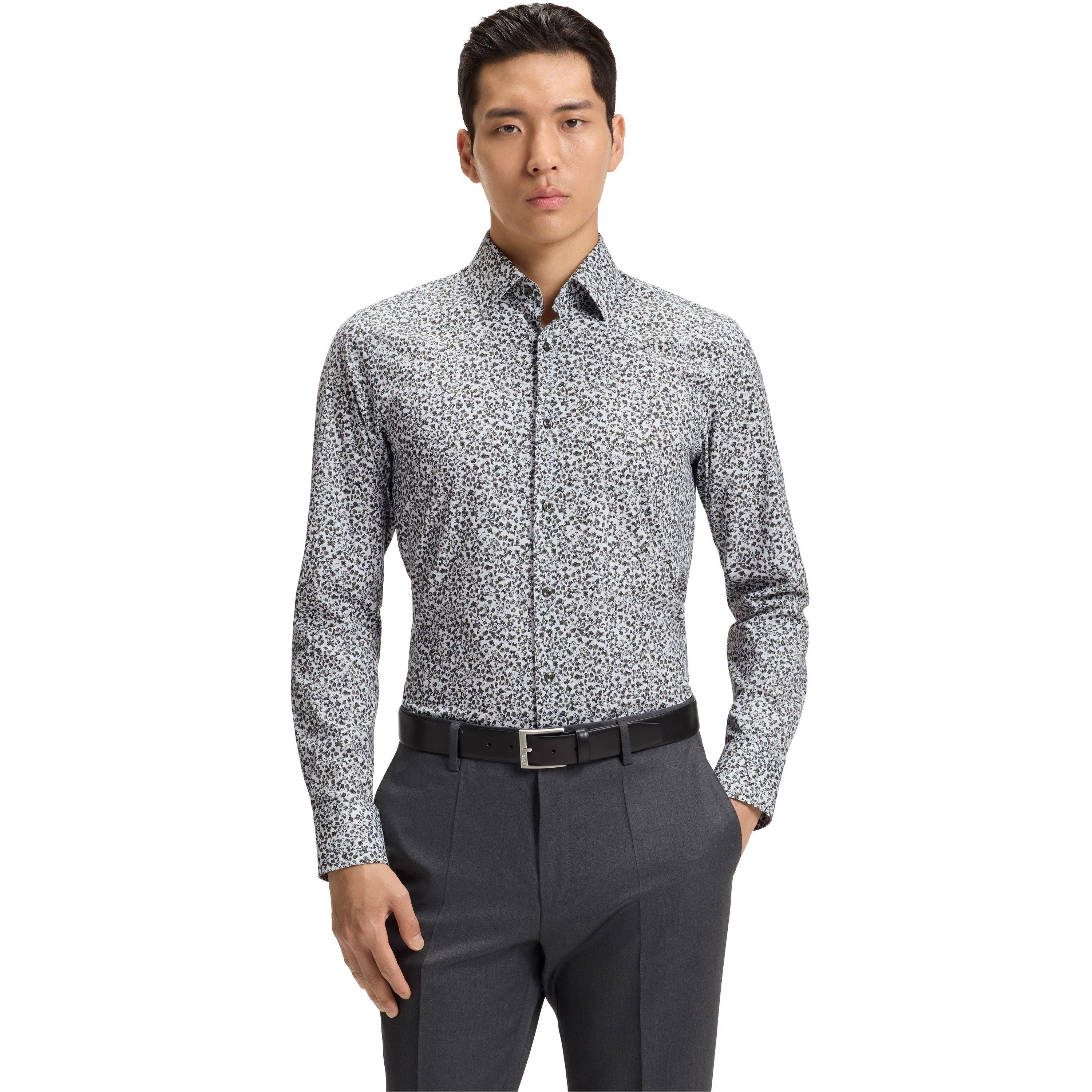 Med Green 314 - Boss - Men's Floral Print Stretch Cotton Long Sleeve Slim Fit Shirt - 2