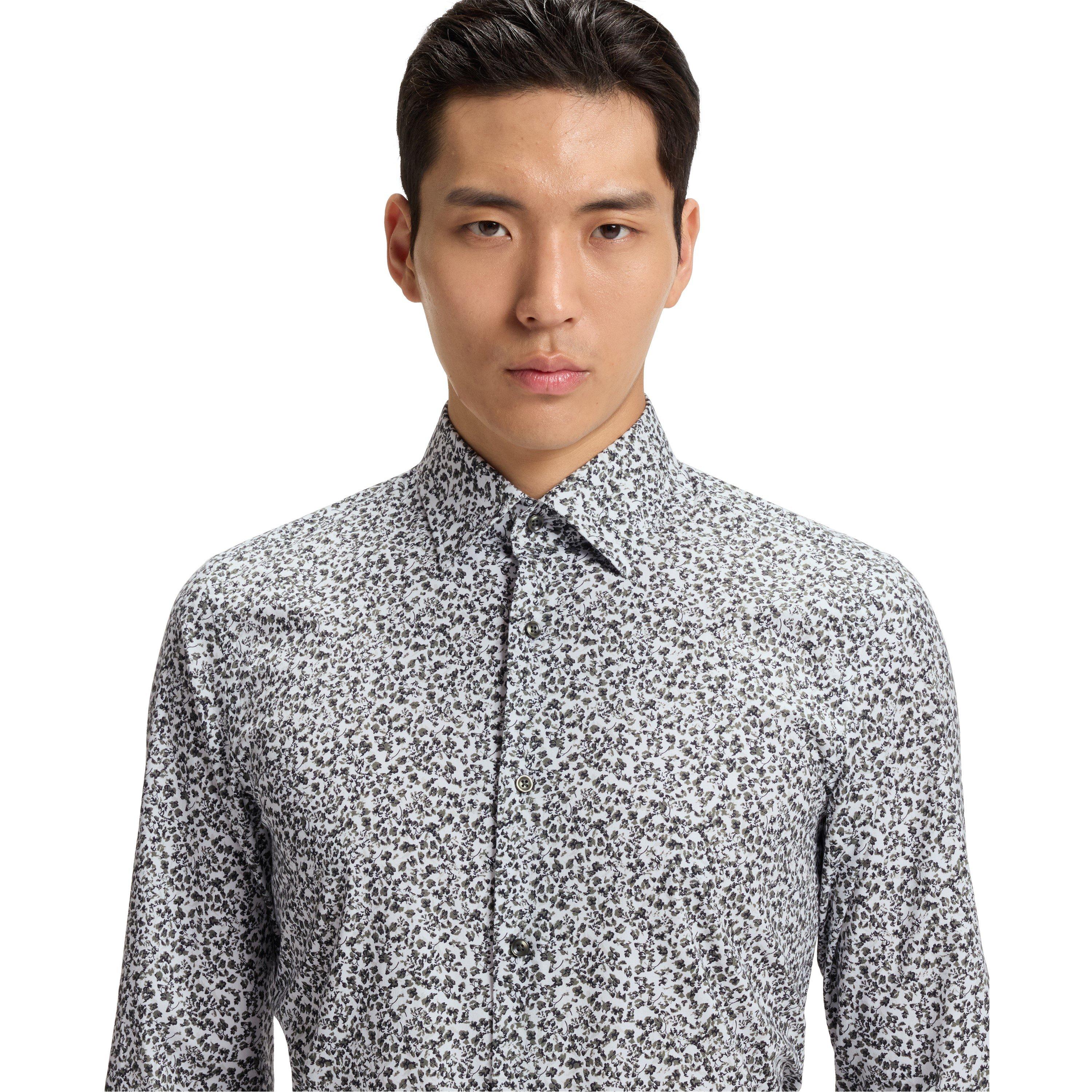 Med Green 314 - Boss - Men's Floral Print Stretch Cotton Long Sleeve Slim Fit Shirt - 5