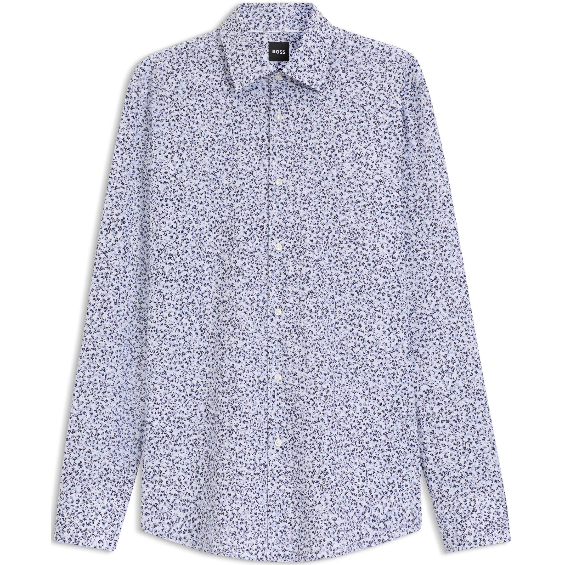Pastel Blue 450 - Boss - Men's Floral Print Stretch Cotton Long Sleeve Slim Fit Shirt