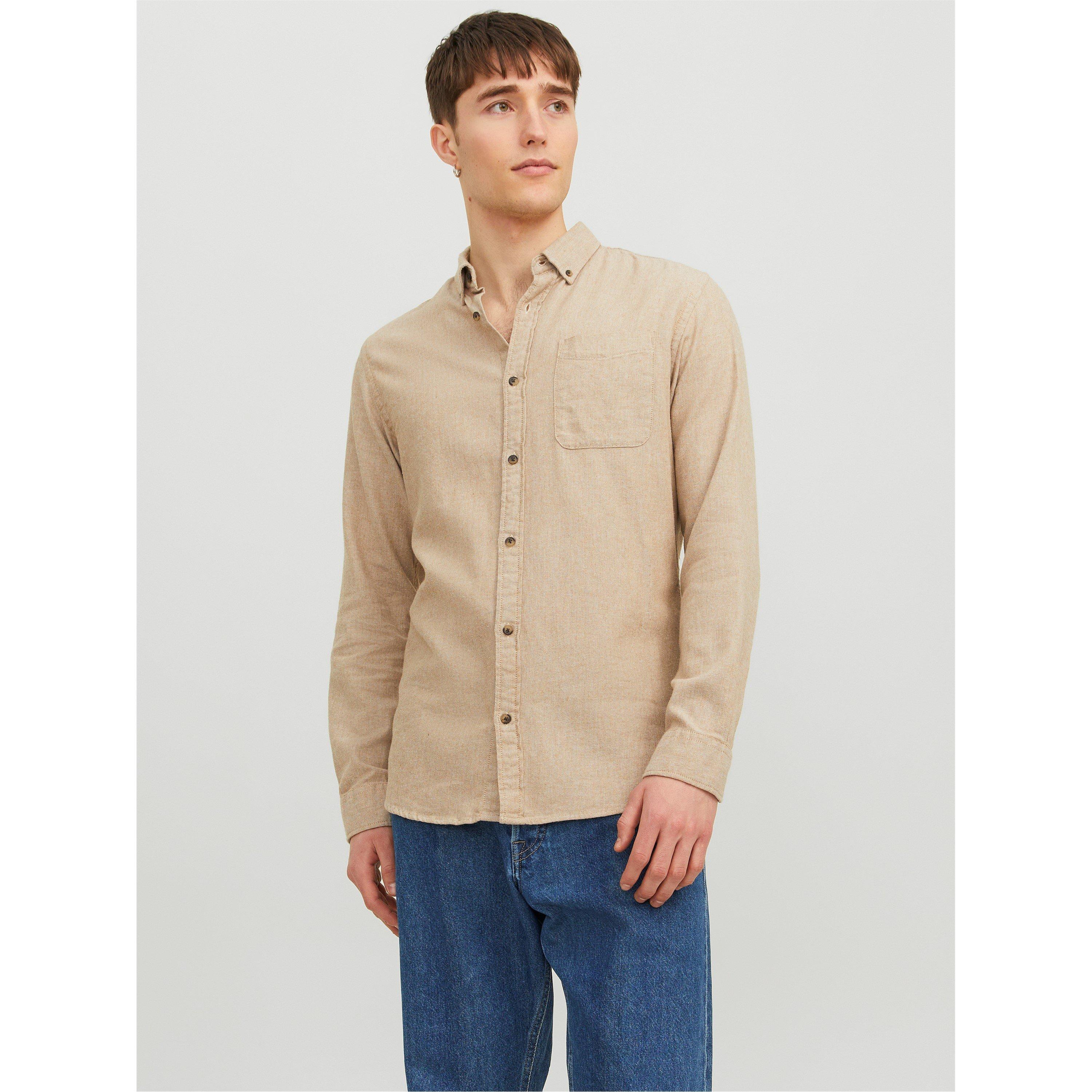 Jack And Jones Men's Classic Long-Sleeve Plain Shirt - Oatmeal - S