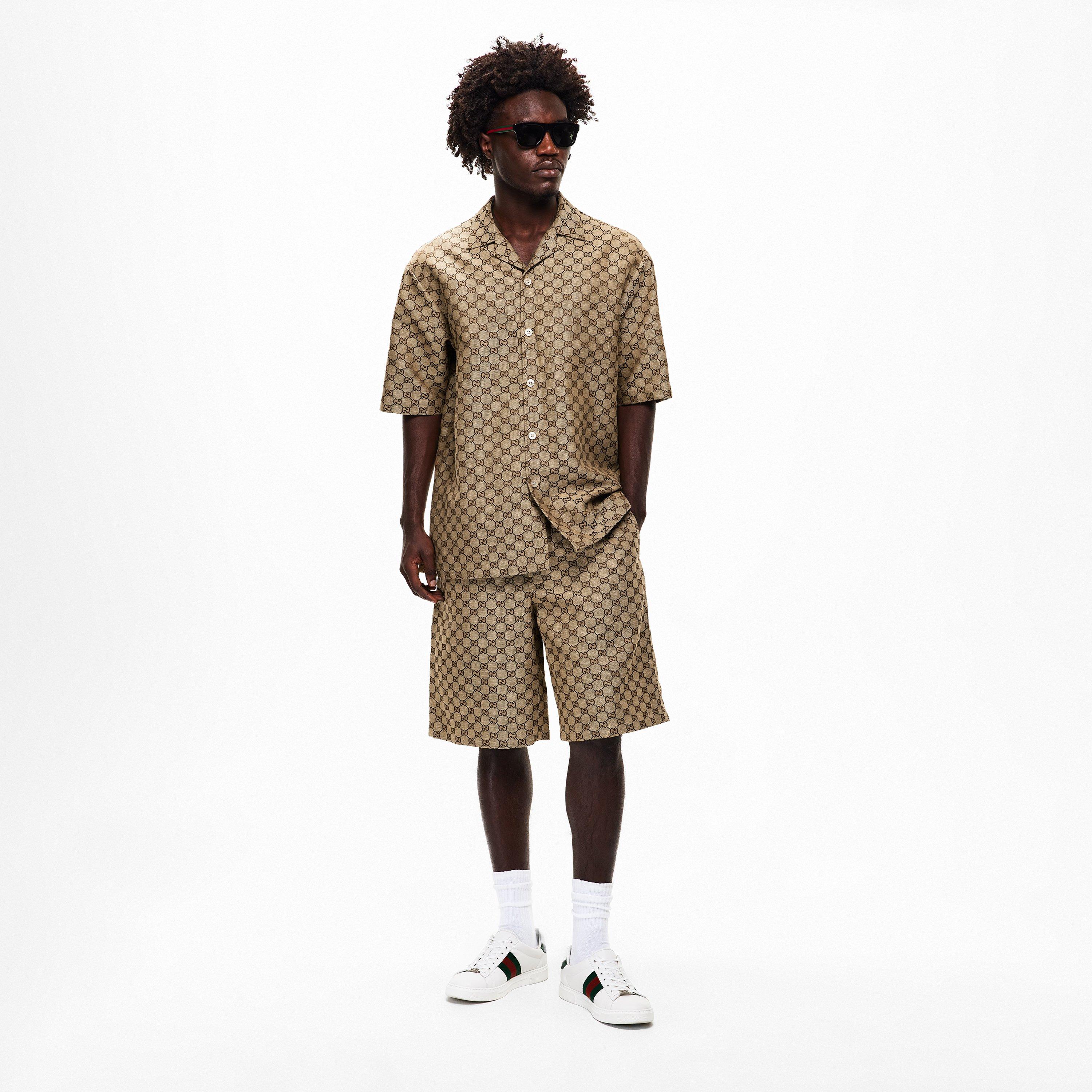 Camel - Gucci - Men's GG Linen Short Sleeve Patterned Shirt - 6