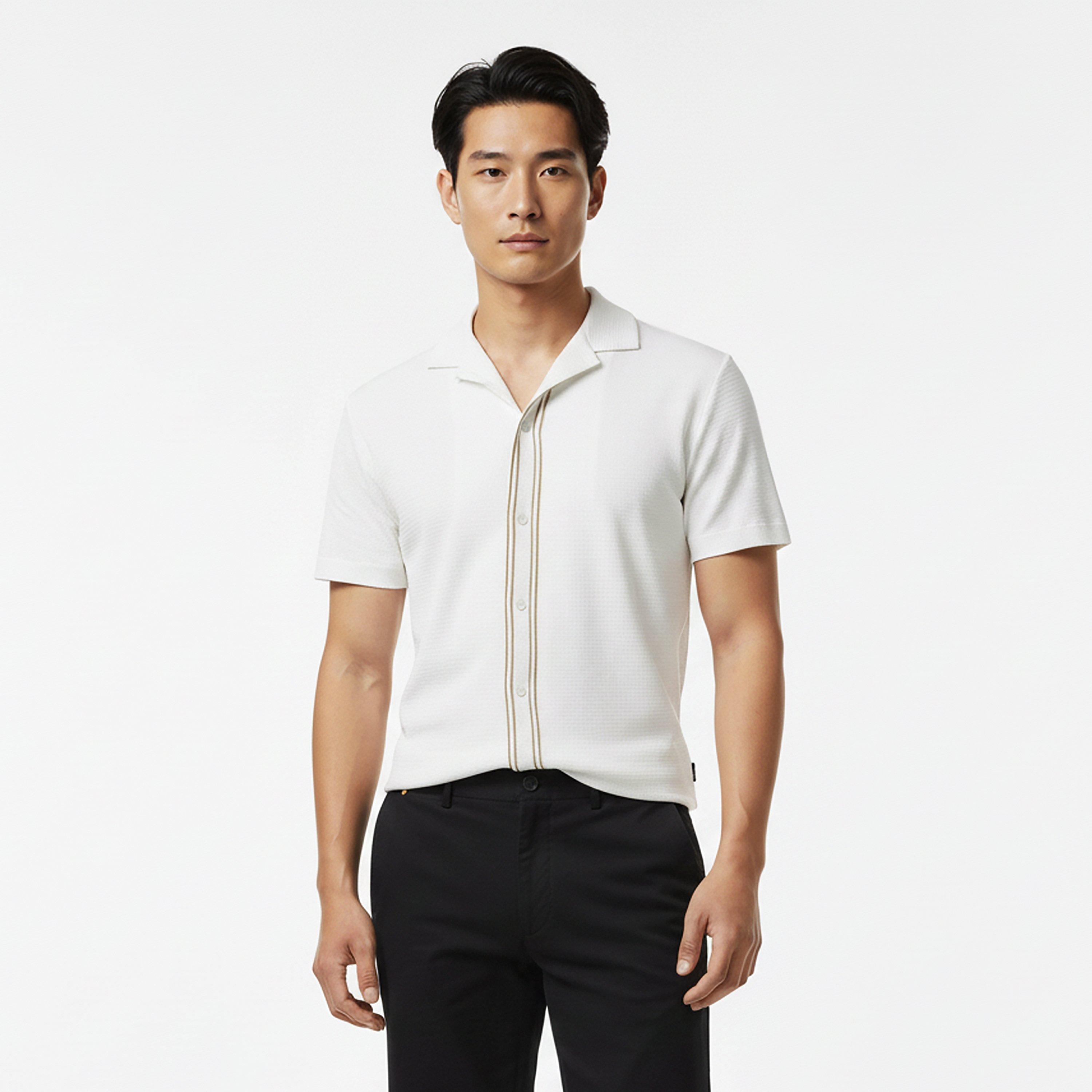 White 100 - Boss - Mens BOSS BLACK Pasini Short Sleeve Collared Shirt with Contrast Trim - 3