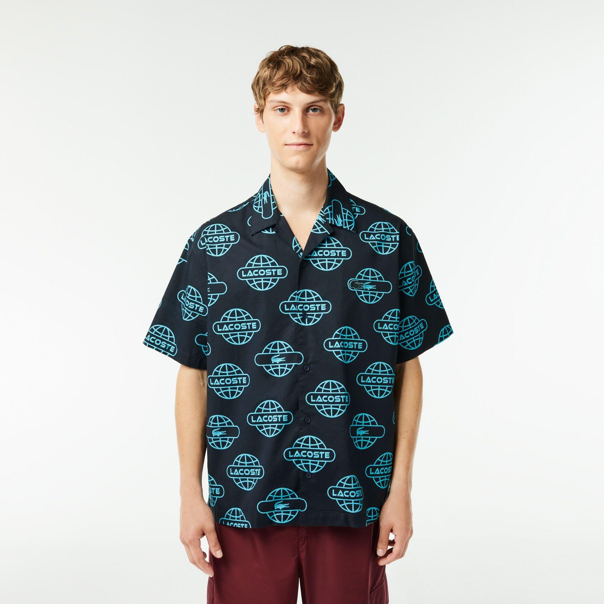 Black/Cove - Lacoste - Men's Globe Print Cotton Short Sleeve Relaxed Fit Shirt - 1