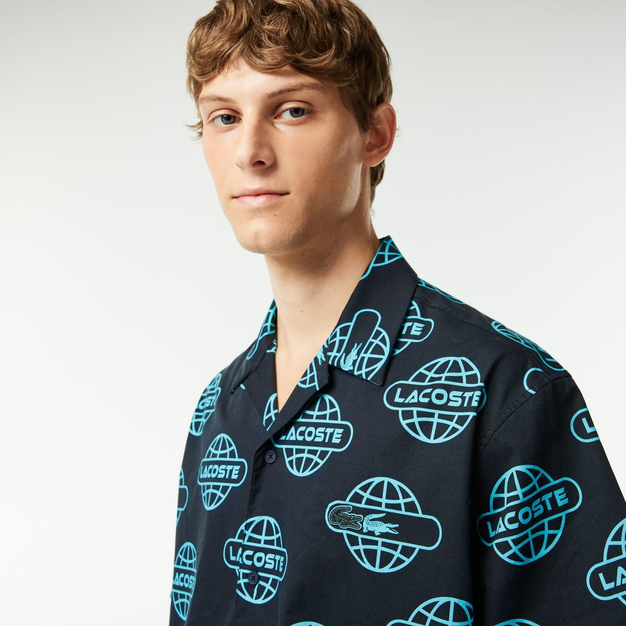 Black/Cove - Lacoste - Men's Globe Print Cotton Short Sleeve Relaxed Fit Shirt - 2