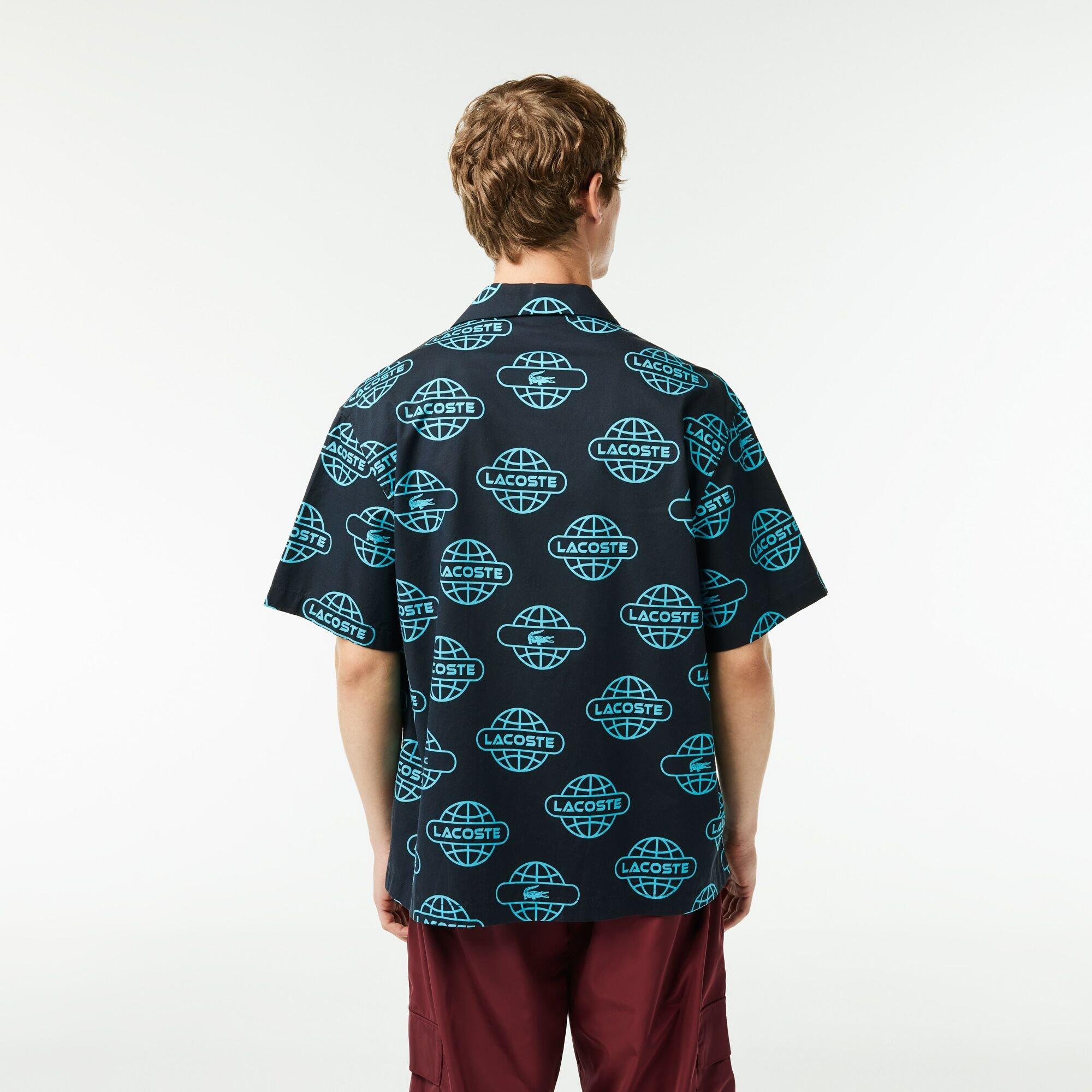 Black/Cove - Lacoste - Men's Globe Print Cotton Short Sleeve Relaxed Fit Shirt - 3
