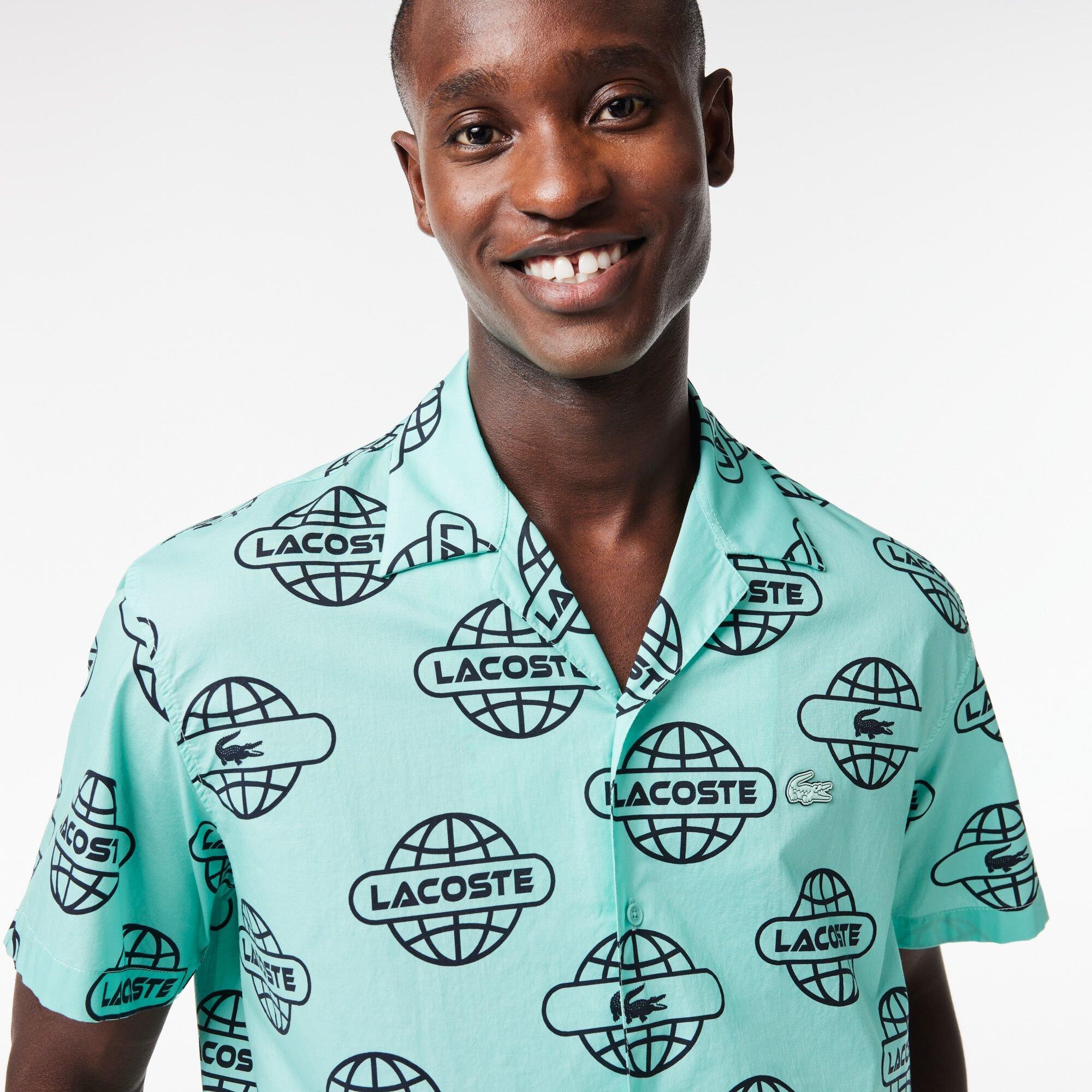 Menta/Negro - Lacoste - Men's Globe Print Cotton Twill Short-Sleeve Patterned Shirt - 2