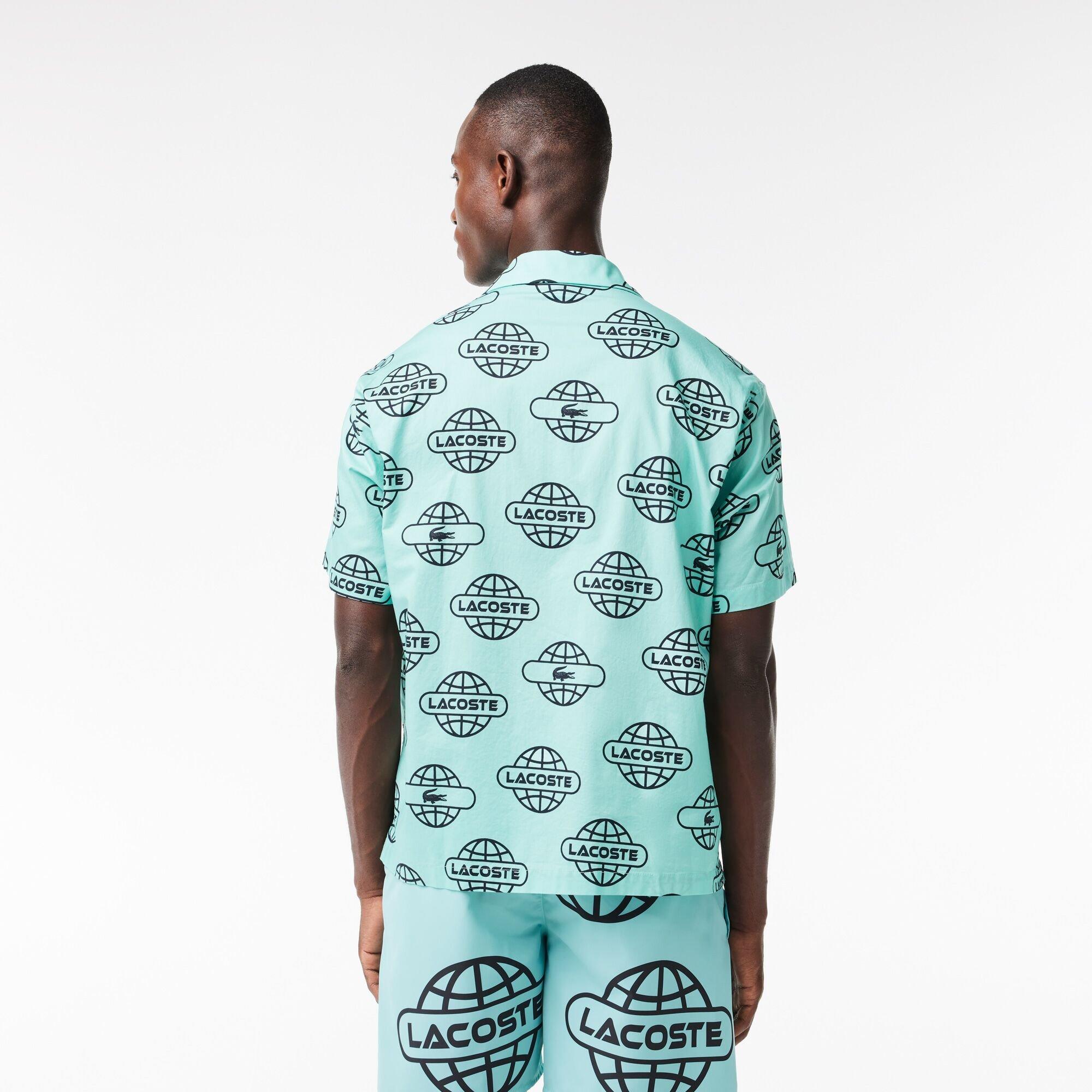 Menta/Negro - Lacoste - Men's Globe Print Cotton Twill Short-Sleeve Patterned Shirt - 3
