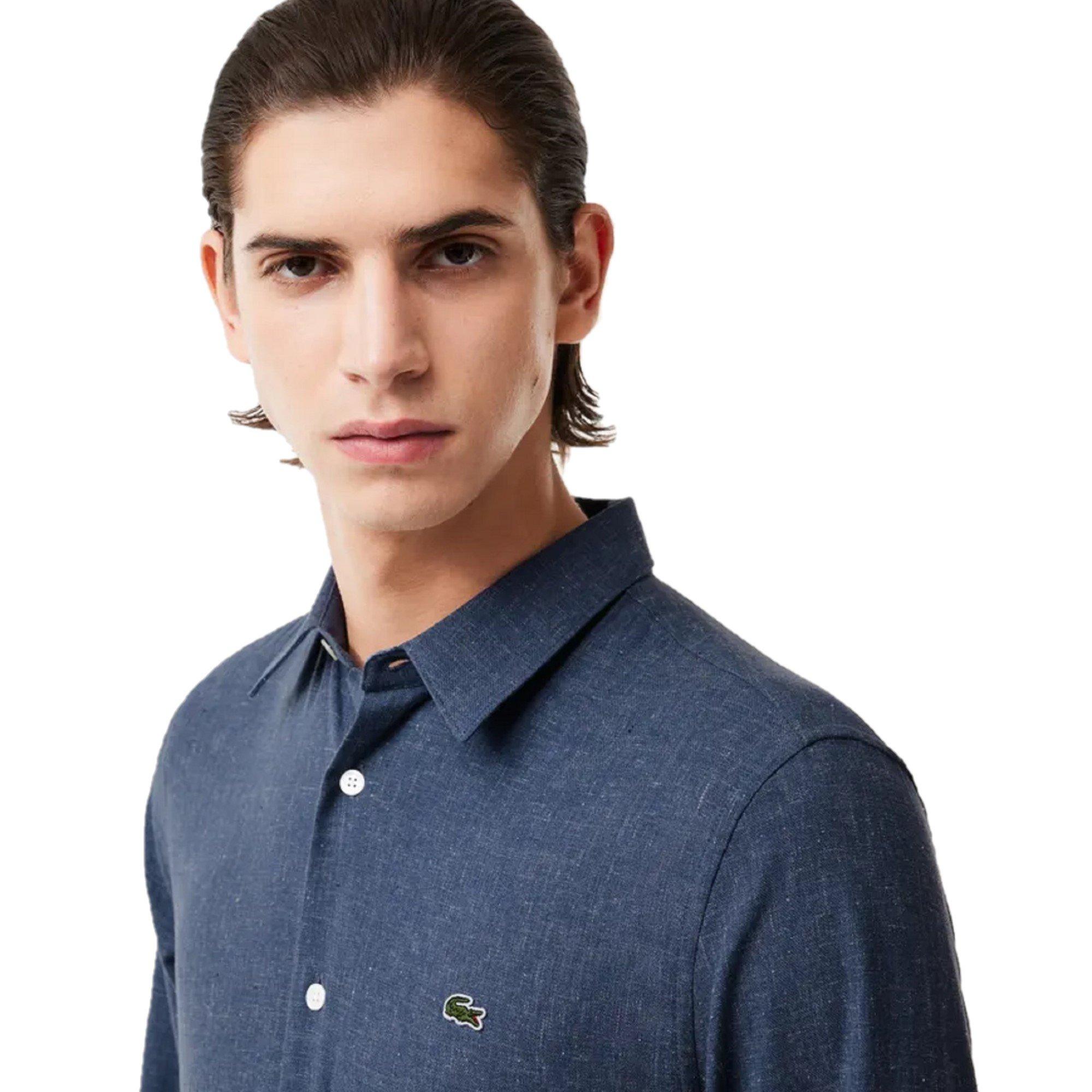 Navy Blue/Flour - Lacoste - Men's Long Sleeve Plain Shirt - 3