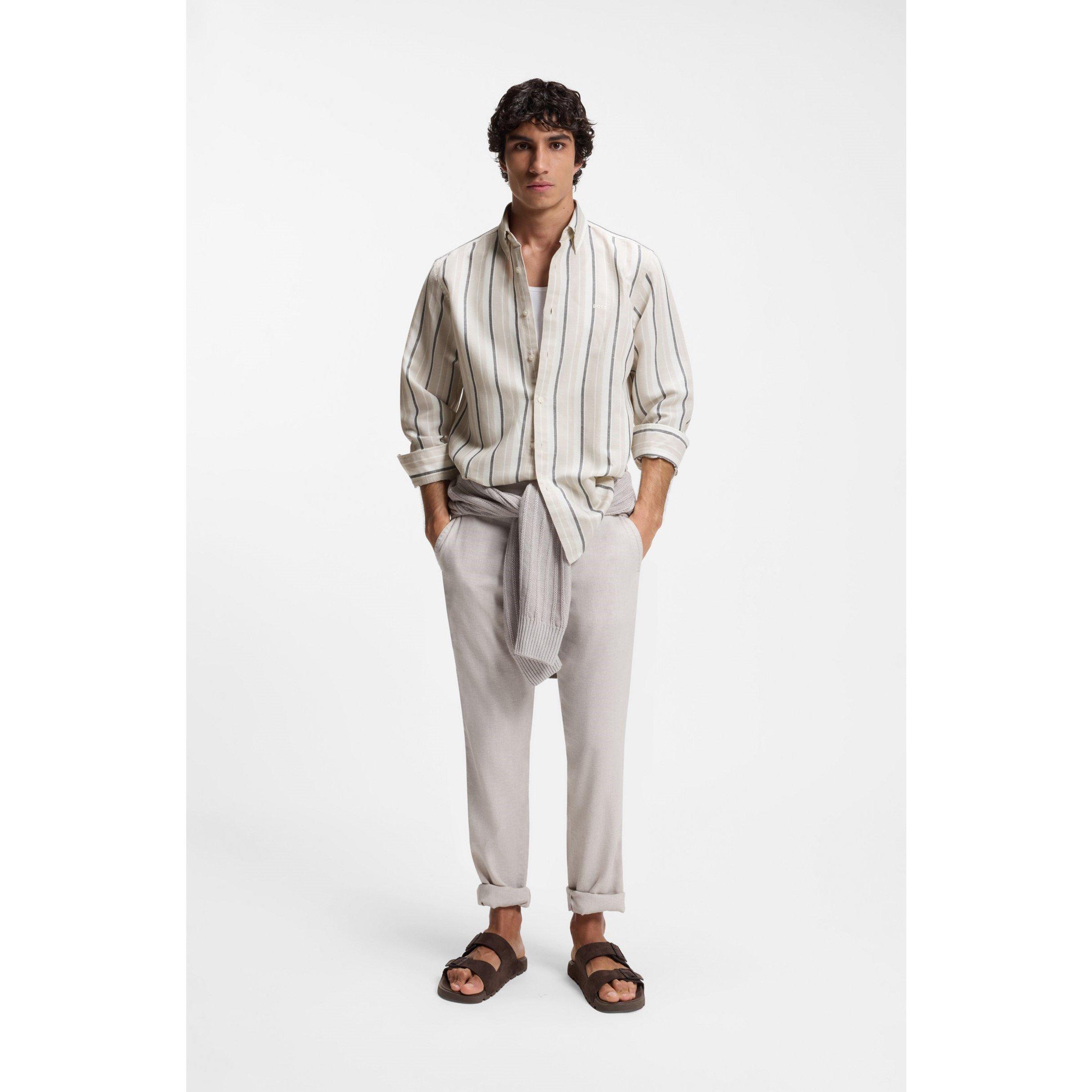 Light Grey 070 - Boss - Mens BOSS ORANGE Striped Shirt in Linen-Cotton Blend (Ricoplus) - 2