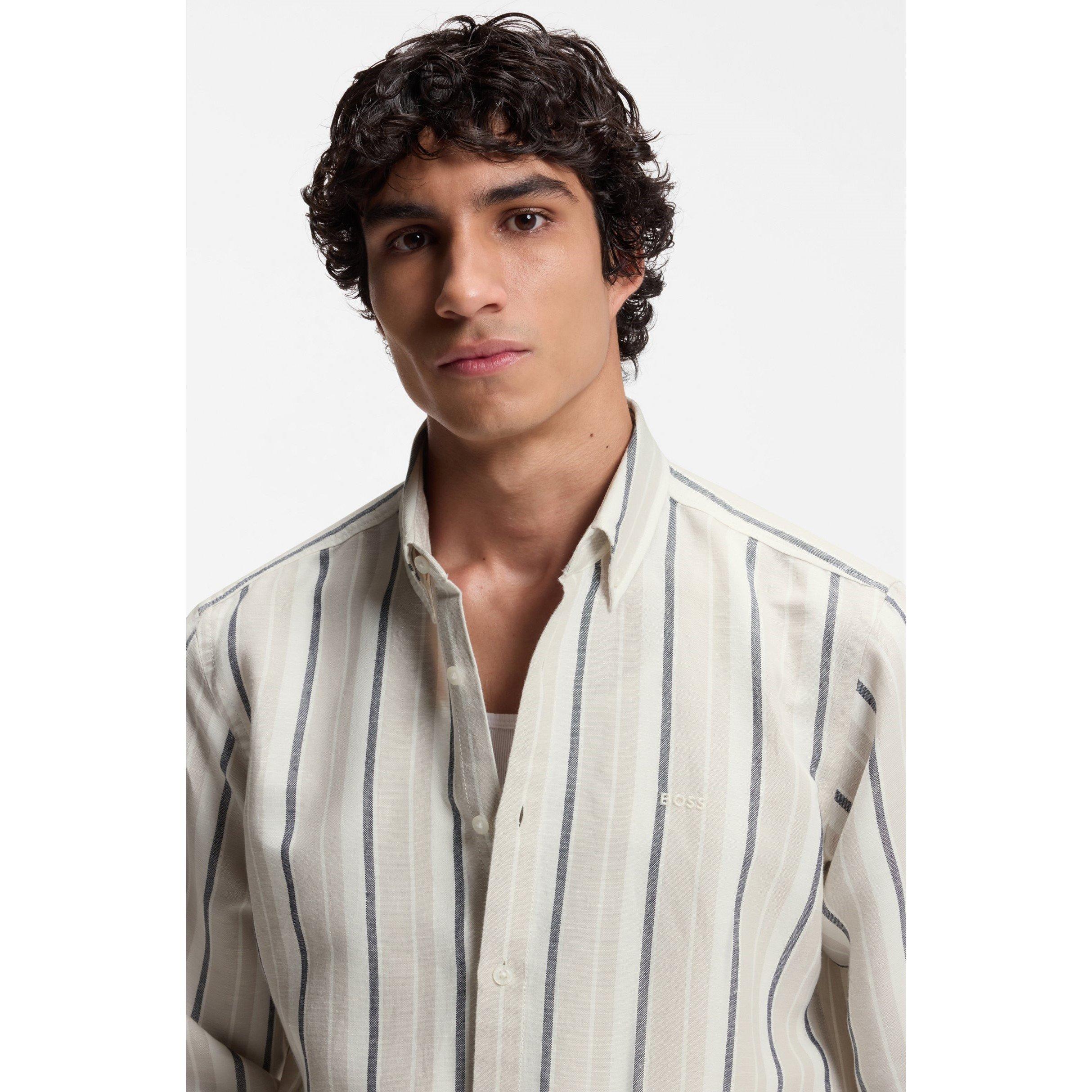 Light Grey 070 - Boss - Mens BOSS ORANGE Striped Shirt in Linen-Cotton Blend (Ricoplus) - 3