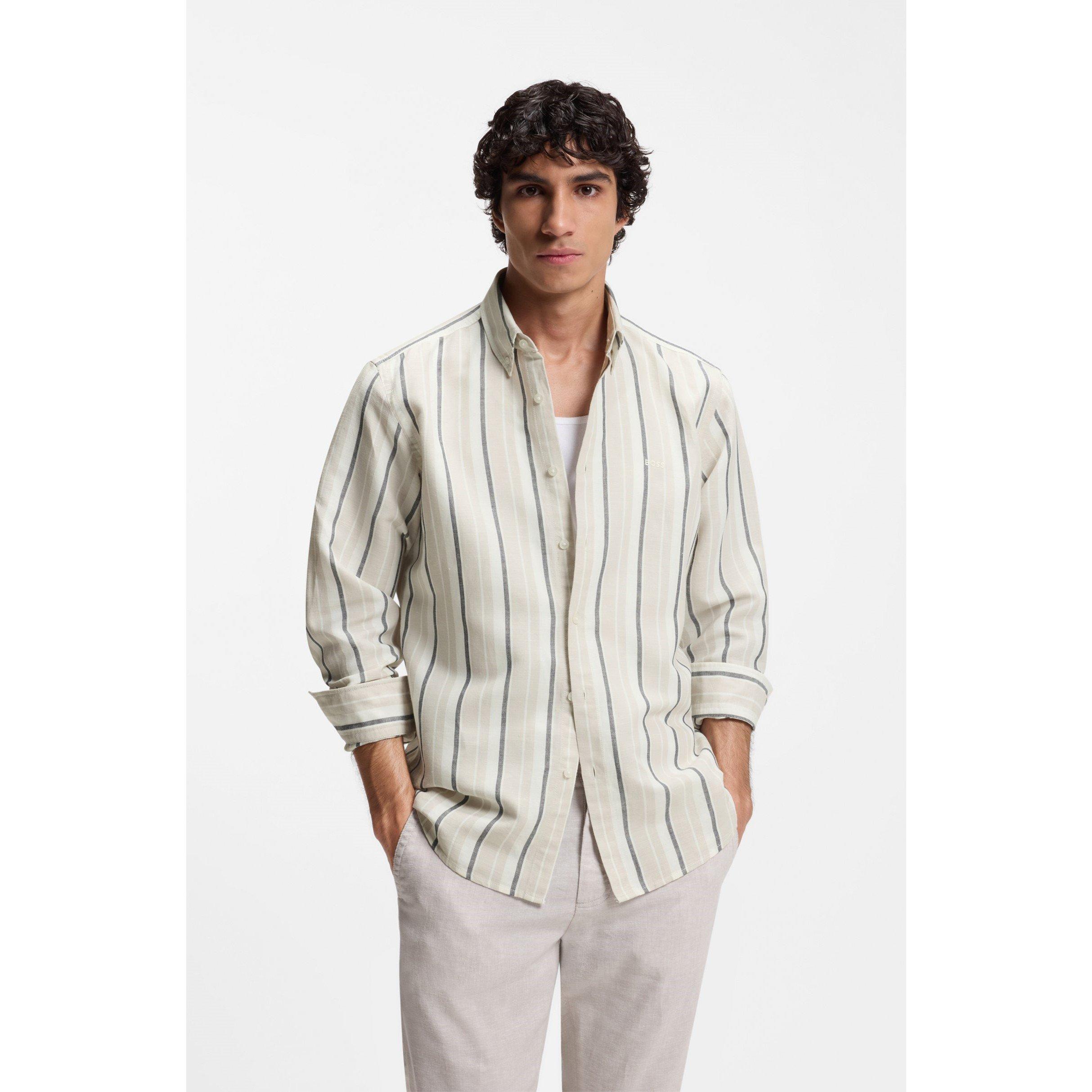 Light Grey 070 - Boss - Mens BOSS ORANGE Striped Shirt in Linen-Cotton Blend (Ricoplus) - 5