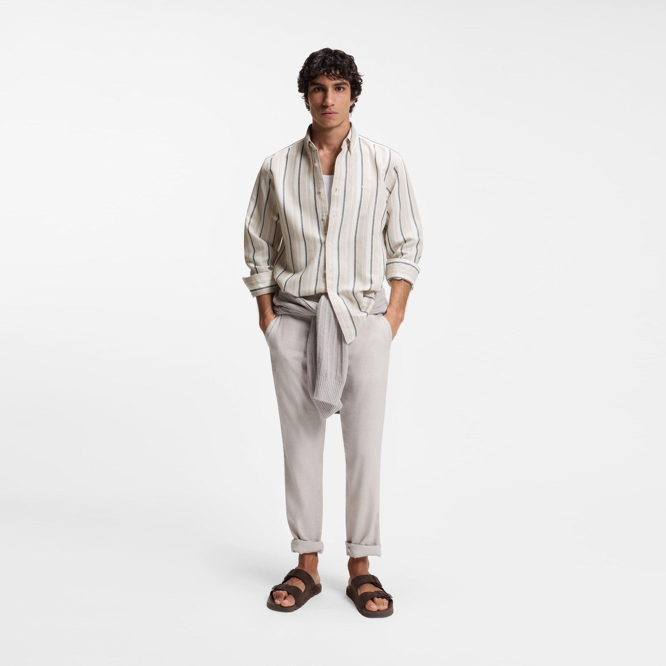 Light Grey 070 - Boss - Mens BOSS ORANGE Striped Shirt in Linen-Cotton Blend (Ricoplus) - 6