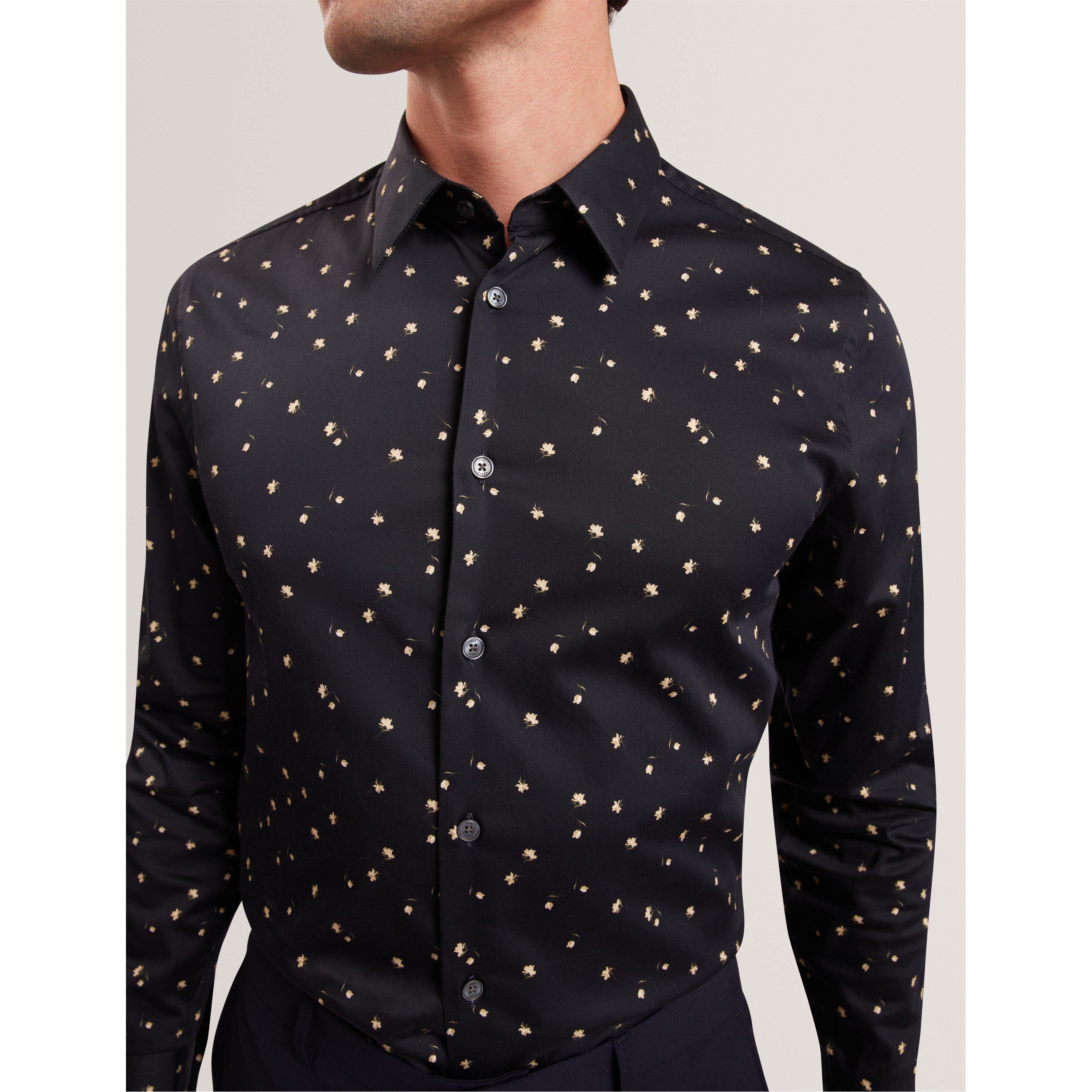 Navy - Ted Baker - Men's Long Sleeve Floral Patterned Shirt - 4
