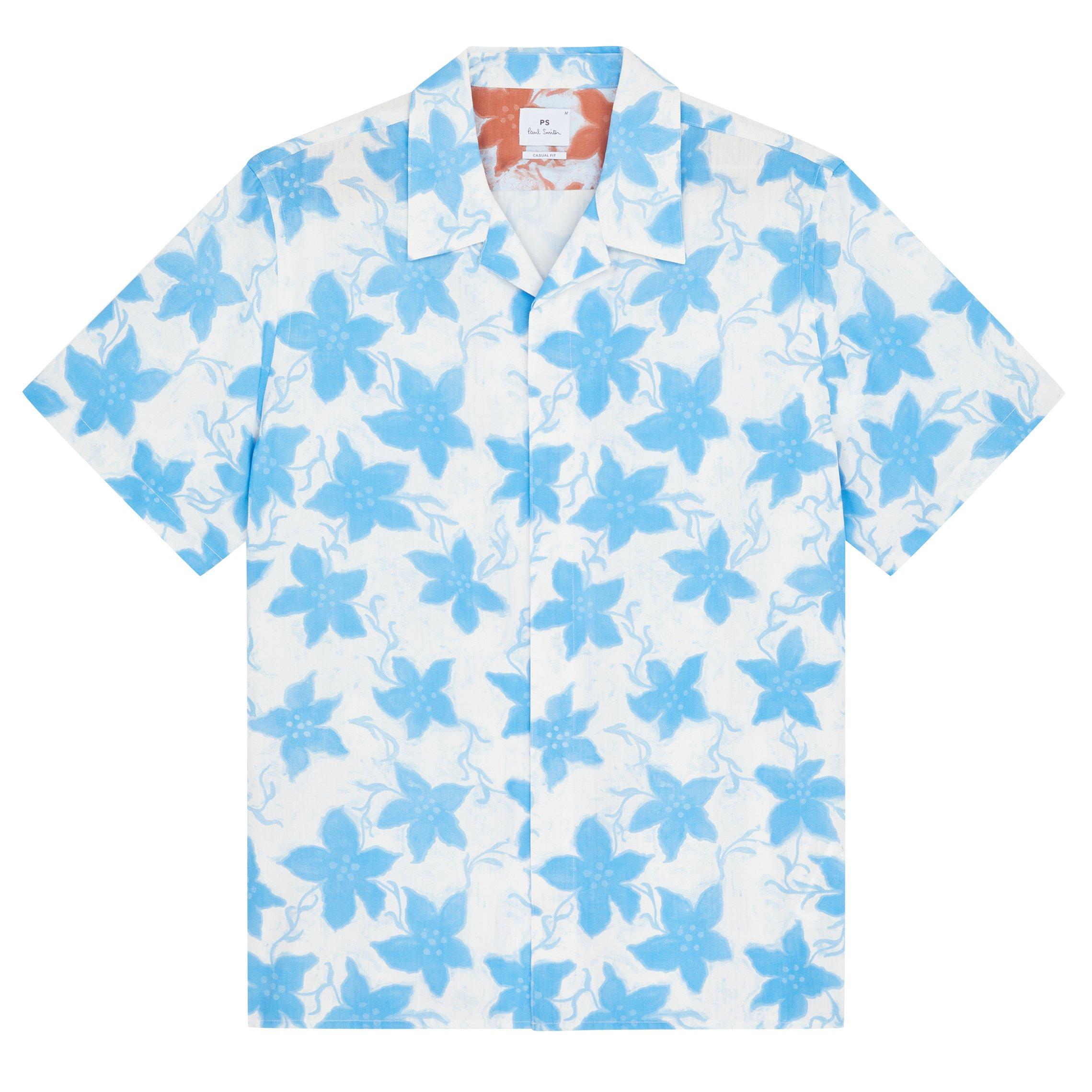 PS Paul Smith Men's Floral Short Sleeve Tailored Fit Shirt - White/Blue - M