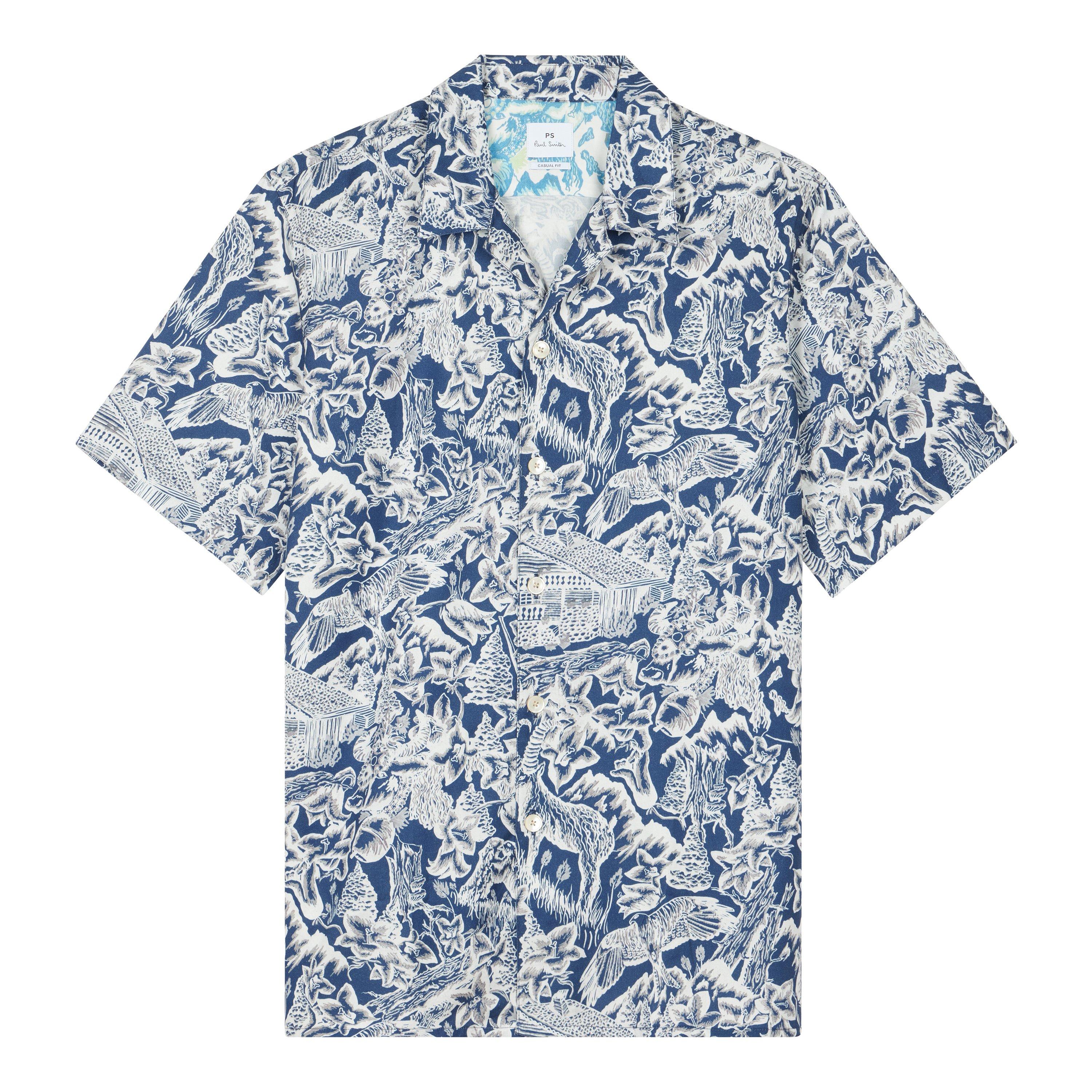 Ps Paul Smith Men's Short Sleeve Patterned Tailored Fit Shirt - Blue 49 - 2XL
