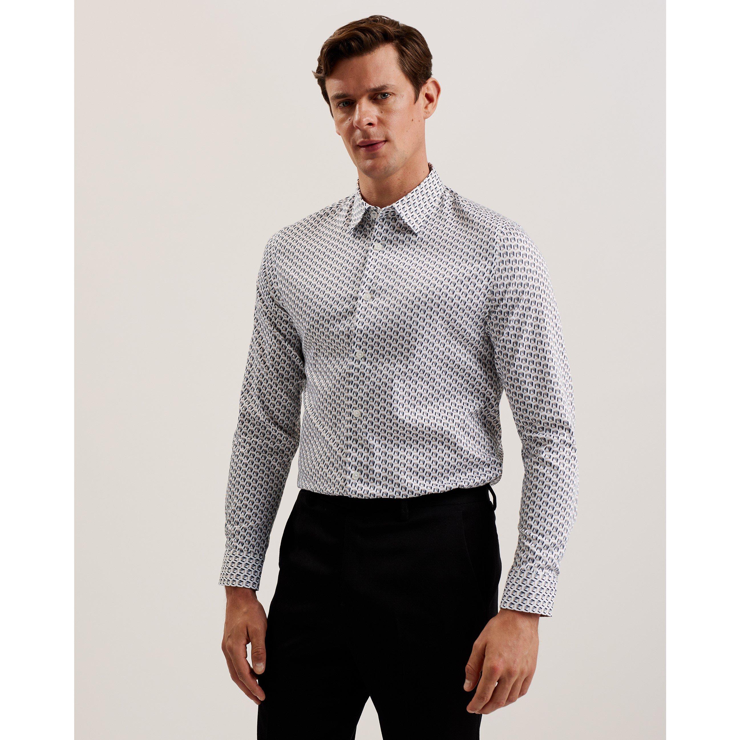 Taupe - Ted Baker - Men's Geo Short-Sleeve Patterned Shirt - 3