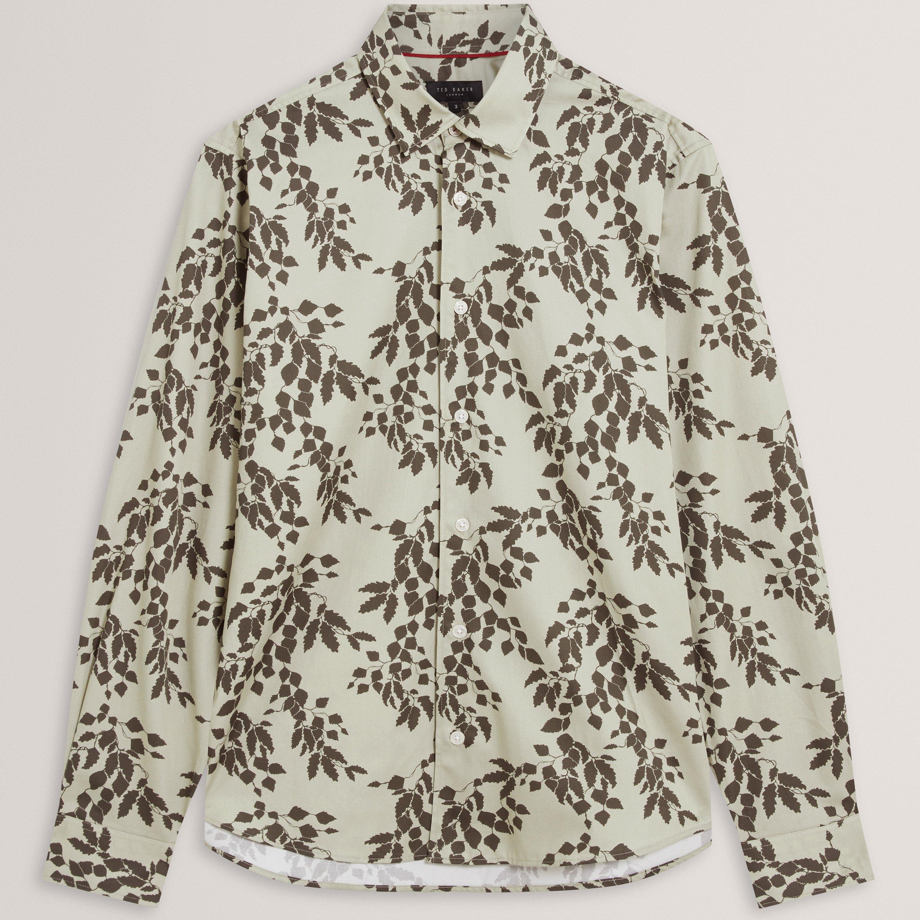 LT-GREEN - Ted Baker - Mens Foliage Print Cotton Long Sleeve Shirt - 1