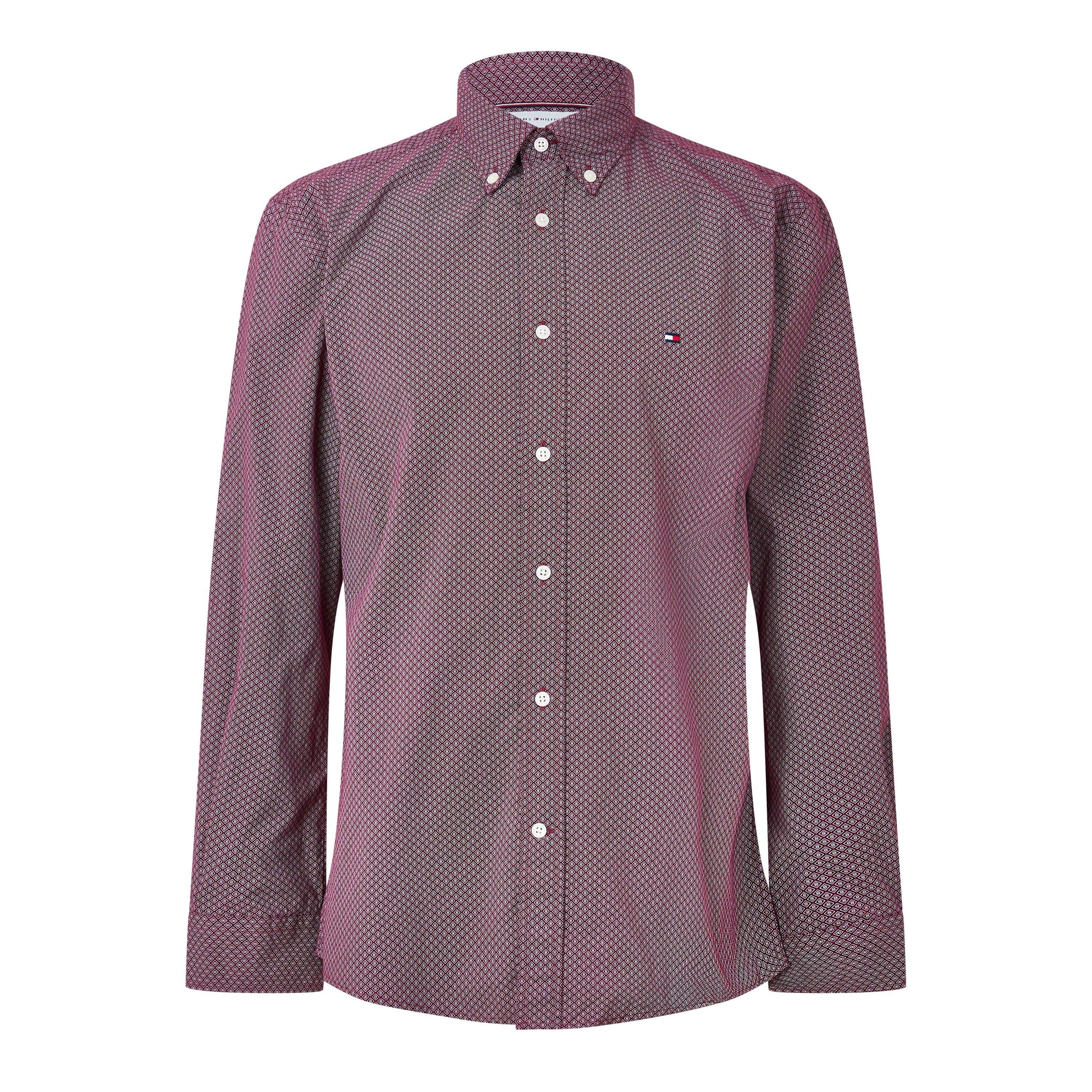 Tommy Hilfiger Men's Cotton Long-Sleeve Geometric Print Shirt - Burgundy - 2XL