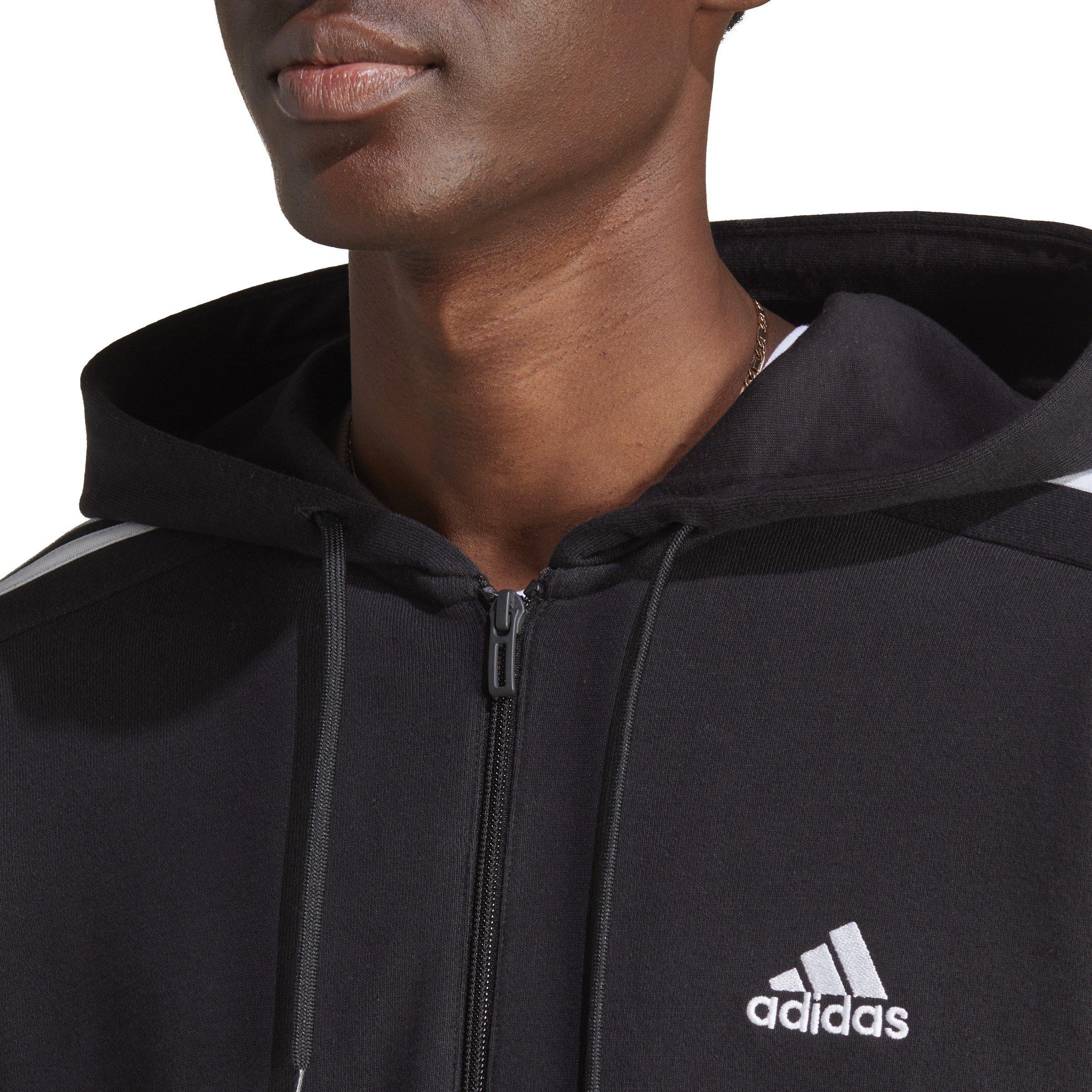 Black/White - adidas - Essentials French Terry 3-Stripes Zip Hoodie Mens - 5