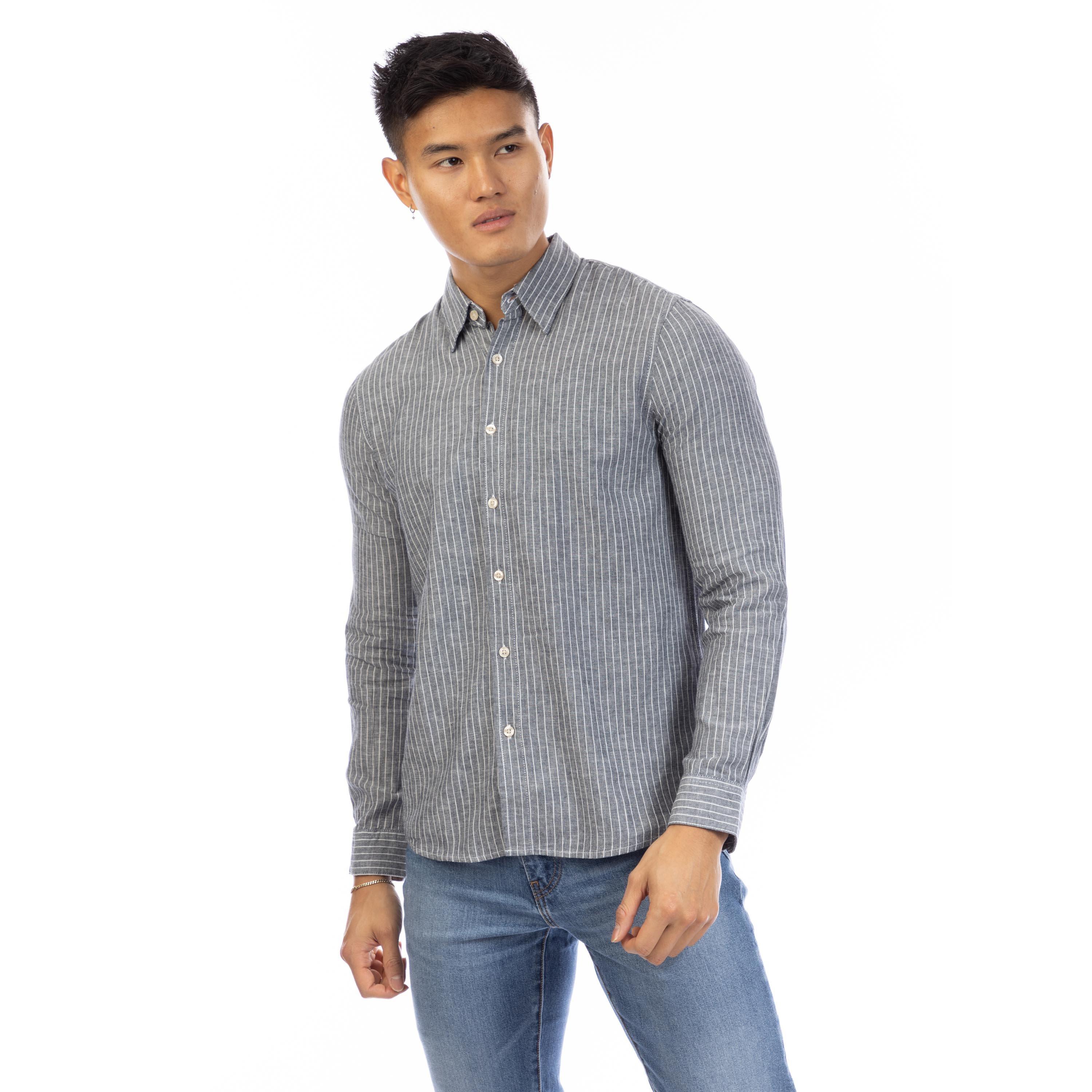 Peter Werth Men's Cotton Long Sleeve Plain Shirt - Navy/White - X Large